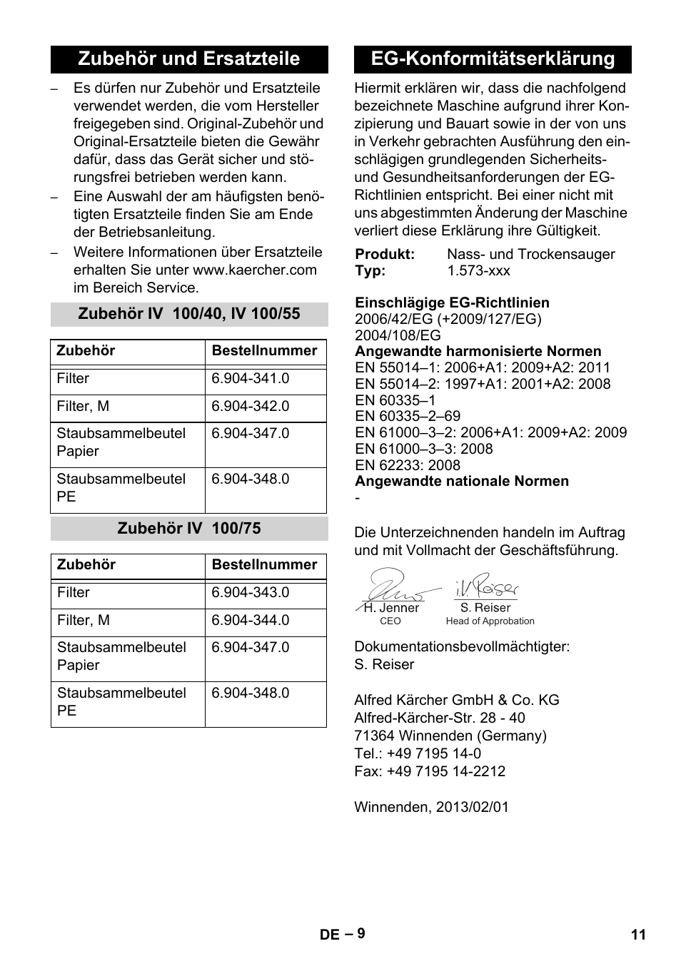 Zubehör und ersatzteile, Zubehör iv 100/40, iv 100/55, Zubehör iv 100/75 | Eg-konformitätserklärung | Karcher IV 100-55 User Manual | Page 11 / 280