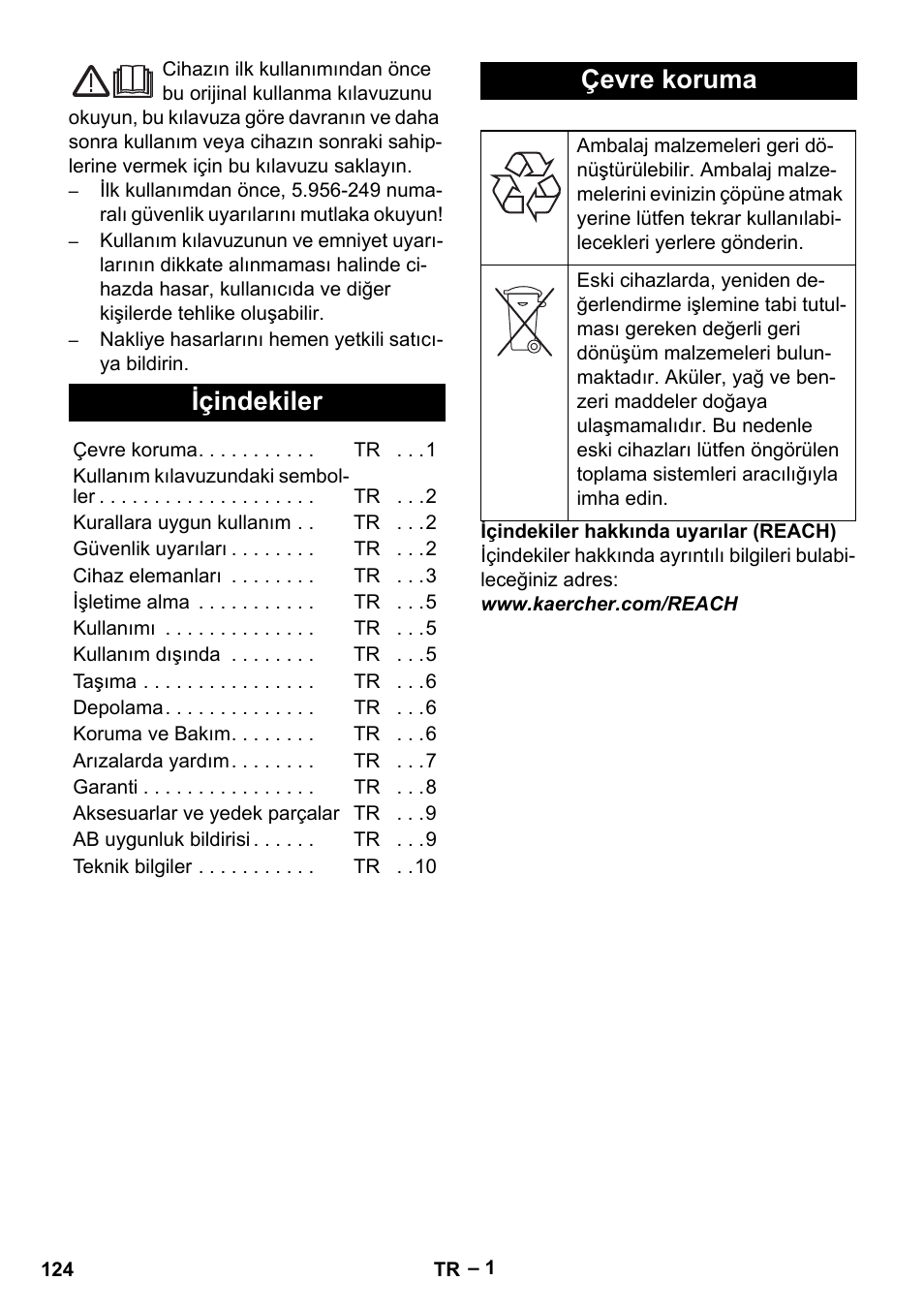 Türkçe, Içindekiler, Çevre koruma | Karcher IV 100-55 User Manual | Page 124 / 280