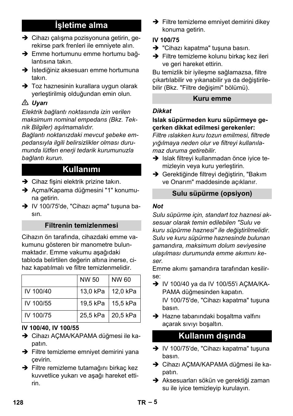 Işletime alma, Kullanımı, Filtrenin temizlenmesi | Iv 100/40, iv 100/55, Iv 100/75, Kuru emme, Sulu süpürme (opsiyon), Kullanım dışında, Işletime alma kullanımı | Karcher IV 100-55 User Manual | Page 128 / 280