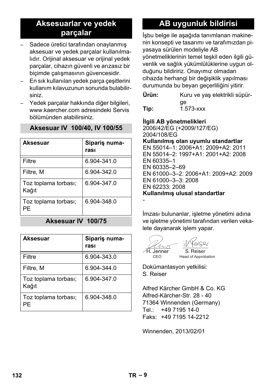 Aksesuarlar ve yedek parçalar, Aksesuar iv 100/40, iv 100/55, Aksesuar iv 100/75 | Ab uygunluk bildirisi | Karcher IV 100-55 User Manual | Page 132 / 280