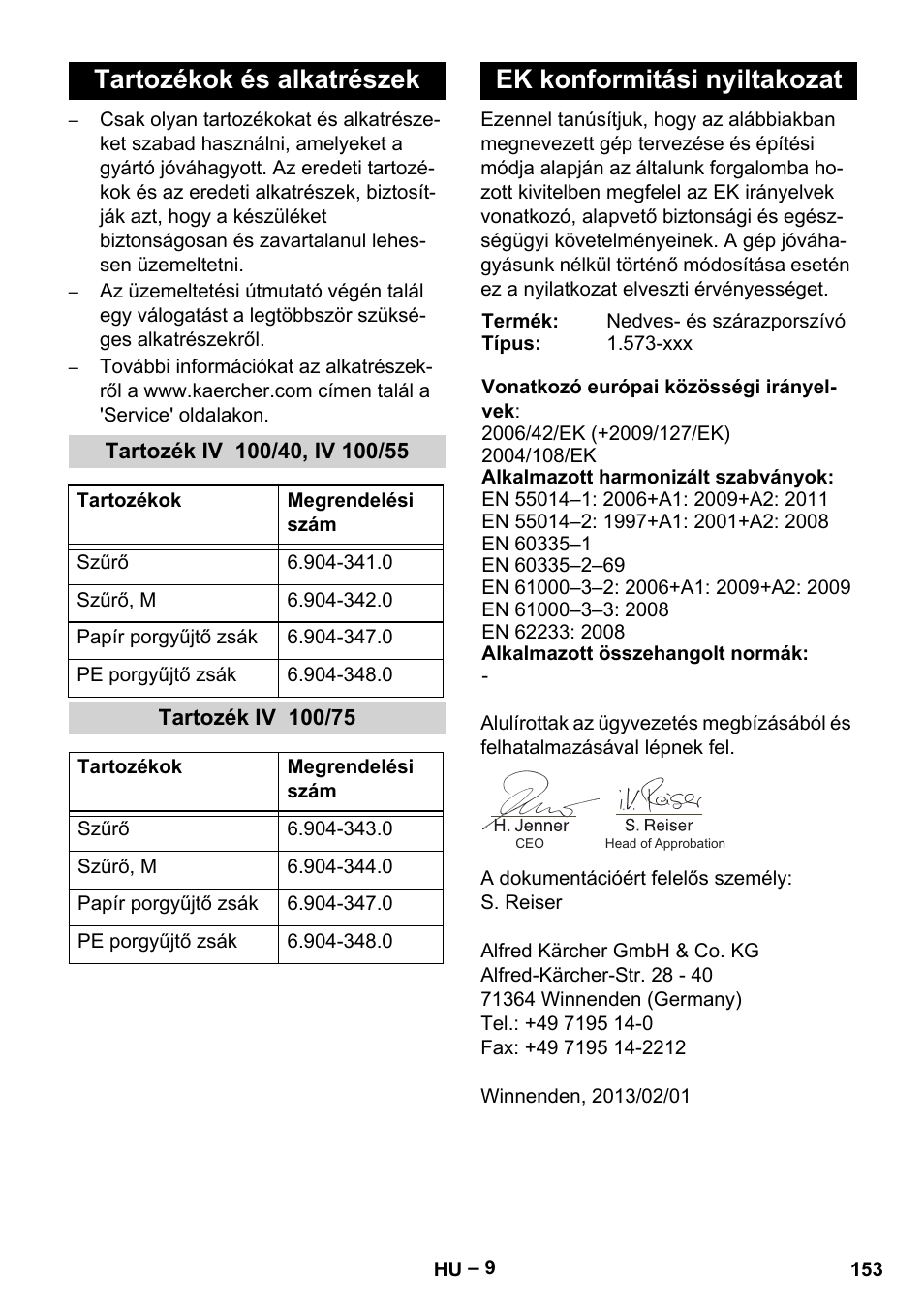 Tartozékok és alkatrészek, Tartozék iv 100/40, iv 100/55, Tartozék iv 100/75 | Ek konformitási nyiltakozat | Karcher IV 100-55 User Manual | Page 153 / 280