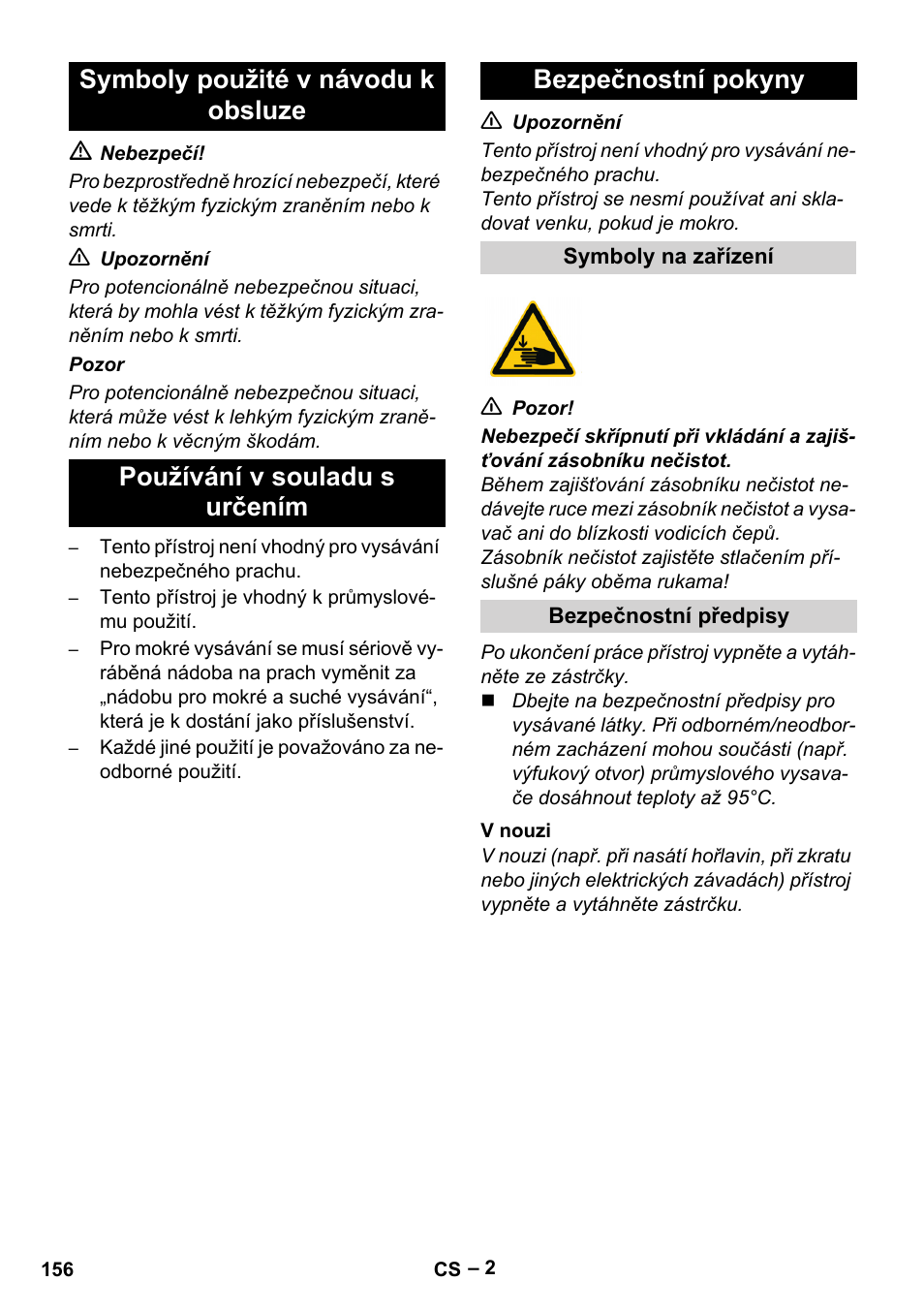 Symboly použité v návodu k obsluze, Používání v souladu s určením, Bezpečnostní pokyny | Symboly na zařízení, Bezpečnostní předpisy, V nouzi | Karcher IV 100-55 User Manual | Page 156 / 280