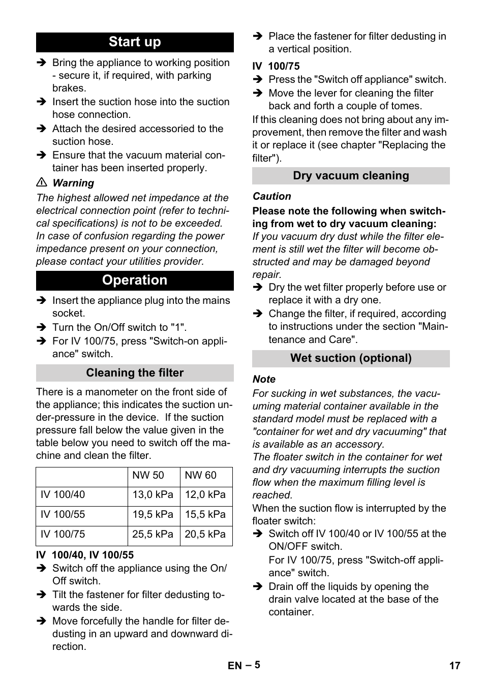 Start up, Operation, Cleaning the filter | Iv 100/40, iv 100/55, Iv 100/75, Dry vacuum cleaning, Wet suction (optional), Start up operation | Karcher IV 100-55 User Manual | Page 17 / 280