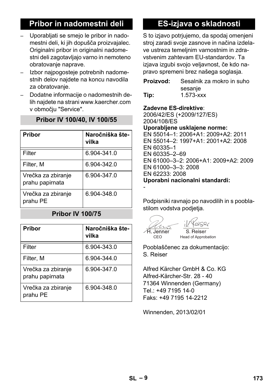 Pribor in nadomestni deli, Pribor iv 100/40, iv 100/55, Pribor iv 100/75 | Es-izjava o skladnosti | Karcher IV 100-55 User Manual | Page 173 / 280