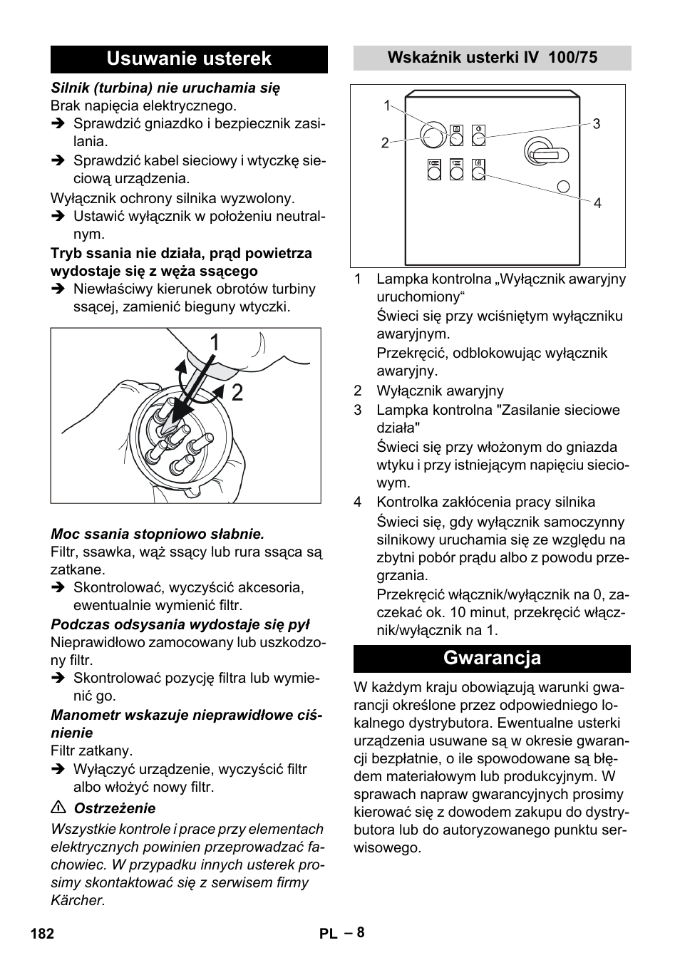 Usuwanie usterek, Wskaźnik usterki iv 100/75, Gwarancja | Karcher IV 100-55 User Manual | Page 182 / 280