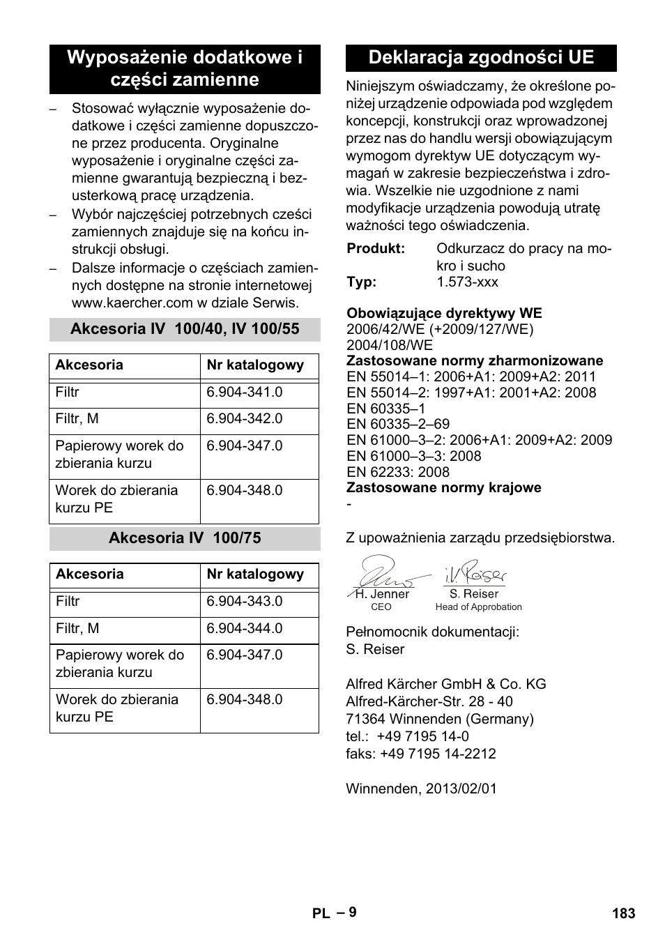 Wyposażenie dodatkowe i części zamienne, Akcesoria iv 100/40, iv 100/55, Akcesoria iv 100/75 | Deklaracja zgodności ue | Karcher IV 100-55 User Manual | Page 183 / 280