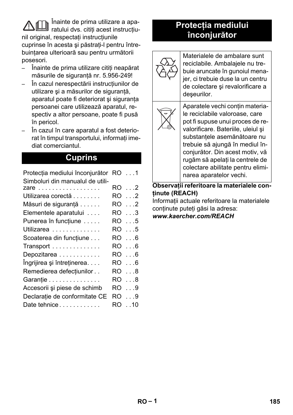 Româneşte, Cuprins, Protecţia mediului înconjurător | Karcher IV 100-55 User Manual | Page 185 / 280