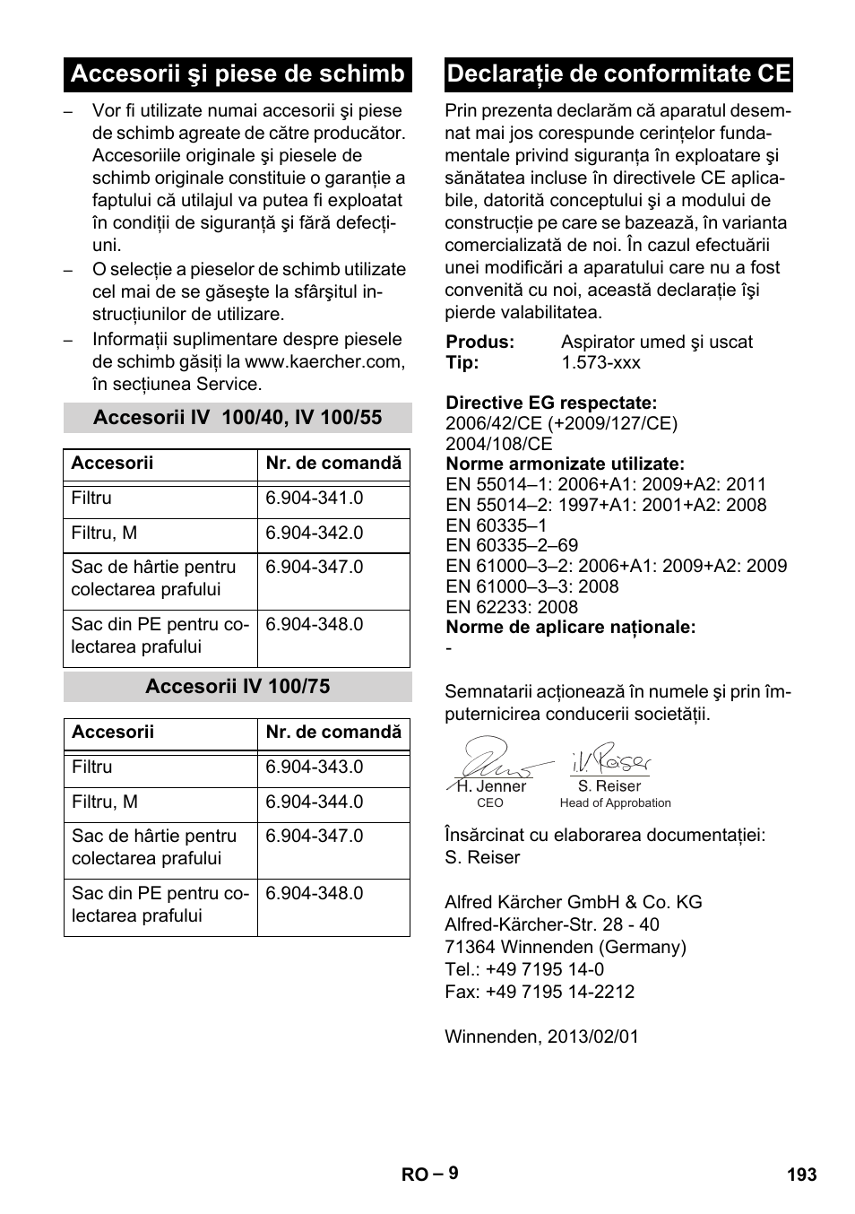 Accesorii şi piese de schimb, Accesorii iv 100/40, iv 100/55, Accesorii iv 100/75 | Declaraţie de conformitate ce | Karcher IV 100-55 User Manual | Page 193 / 280