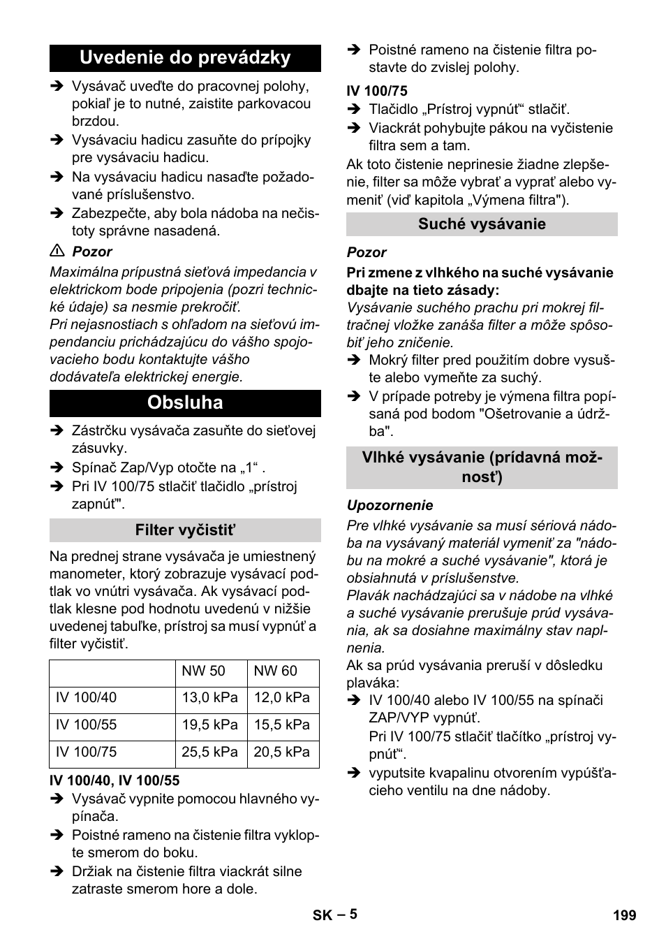 Uvedenie do prevádzky, Obsluha, Filter vyčistiť | Iv 100/40, iv 100/55, Iv 100/75, Suché vysávanie, Vlhké vysávanie (prídavná možnosť), Uvedenie do prevádzky obsluha | Karcher IV 100-55 User Manual | Page 199 / 280