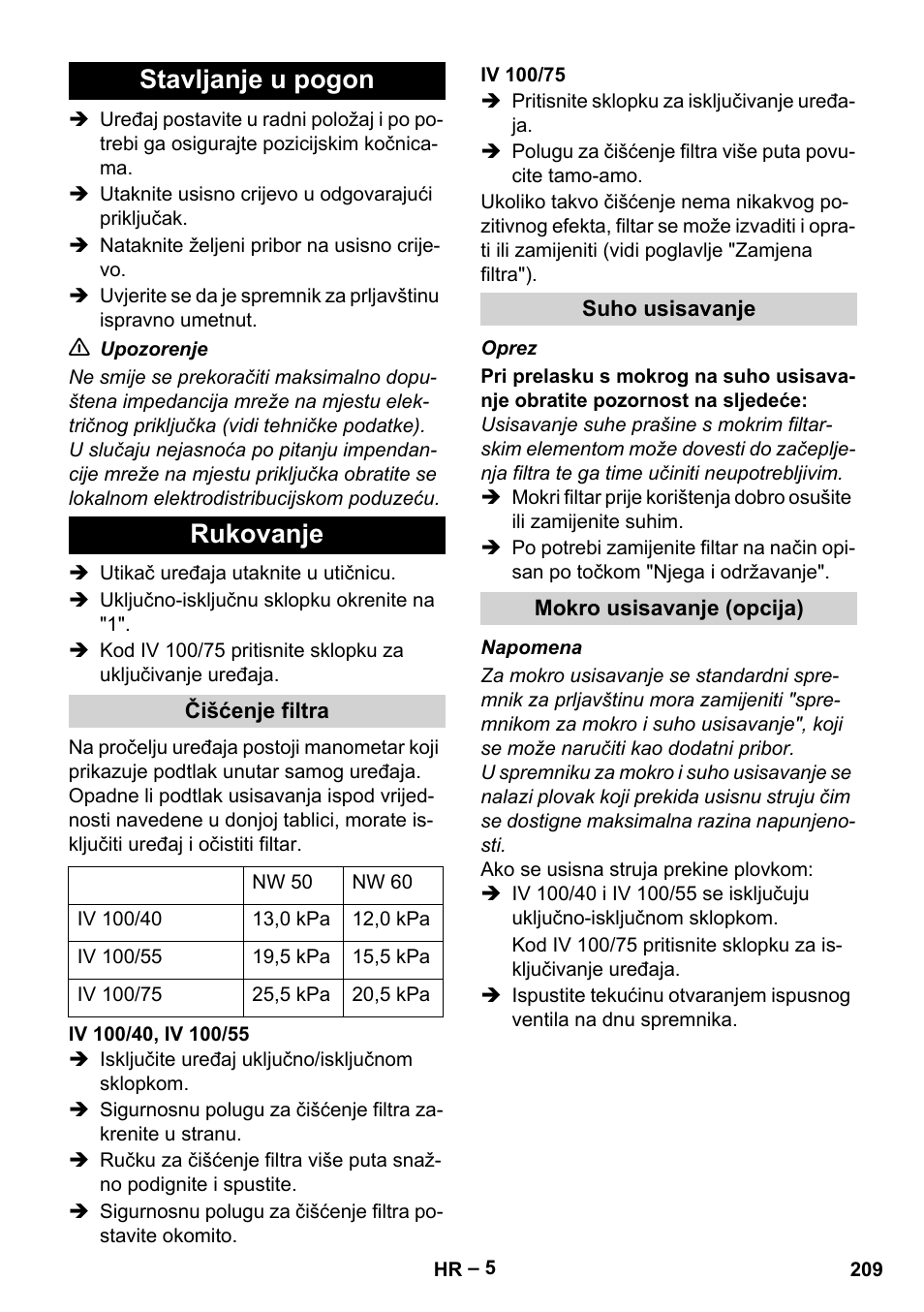 Stavljanje u pogon, Rukovanje, Čišćenje filtra | Iv 100/40, iv 100/55, Iv 100/75, Suho usisavanje, Mokro usisavanje (opcija), Stavljanje u pogon rukovanje | Karcher IV 100-55 User Manual | Page 209 / 280