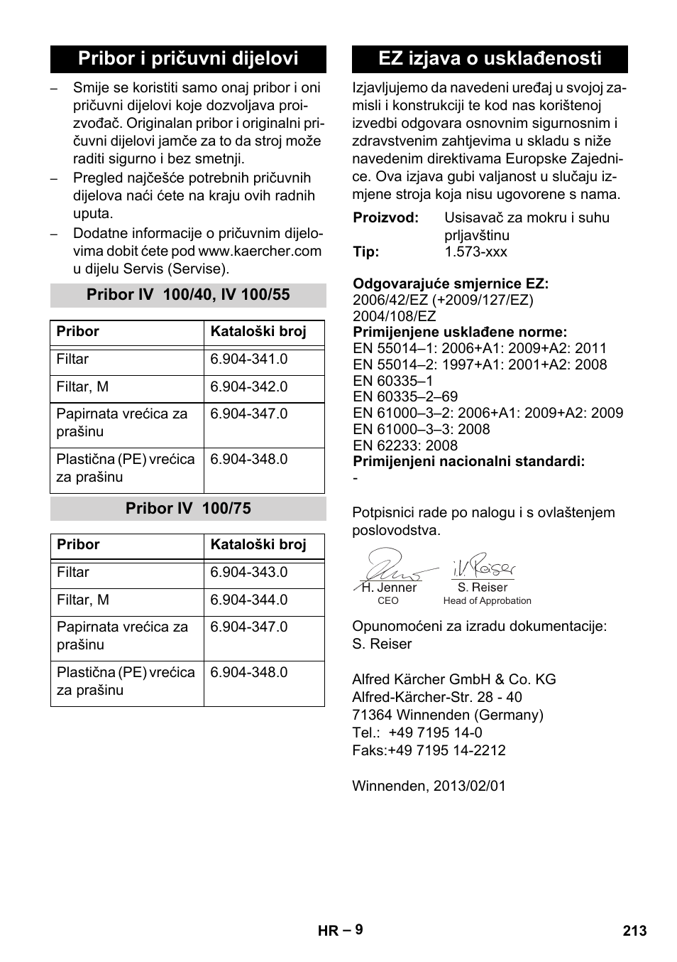 Pribor i pričuvni dijelovi, Pribor iv 100/40, iv 100/55, Pribor iv 100/75 | Ez izjava o usklađenosti | Karcher IV 100-55 User Manual | Page 213 / 280