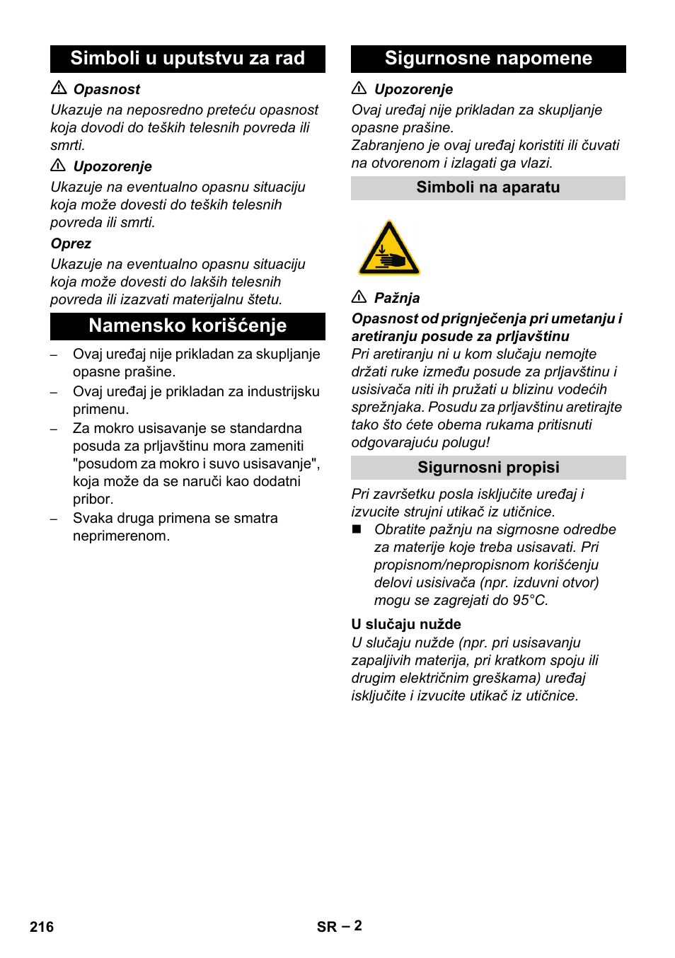 Simboli u uputstvu za rad, Namensko korišćenje, Sigurnosne napomene | Simboli na aparatu, Sigurnosni propisi, U slučaju nužde | Karcher IV 100-55 User Manual | Page 216 / 280