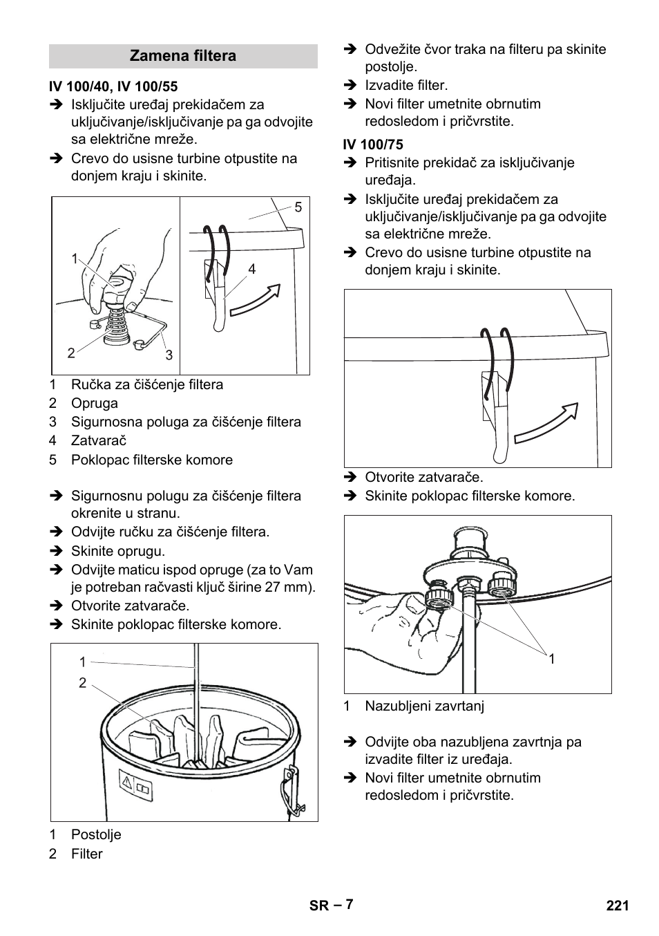 Zamena filtera, Iv 100/40, iv 100/55, Iv 100/75 | Karcher IV 100-55 User Manual | Page 221 / 280