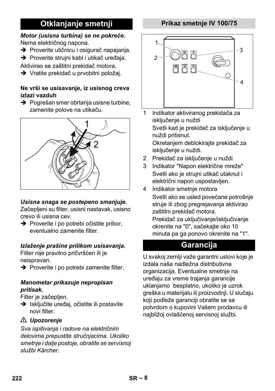 Otklanjanje smetnji, Prikaz smetnje iv 100/75, Garancija | Karcher IV 100-55 User Manual | Page 222 / 280