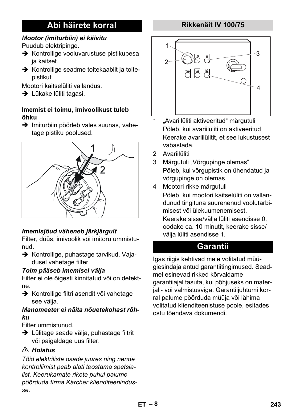 Abi häirete korral, Rikkenäit iv 100/75, Garantii | Karcher IV 100-55 User Manual | Page 243 / 280