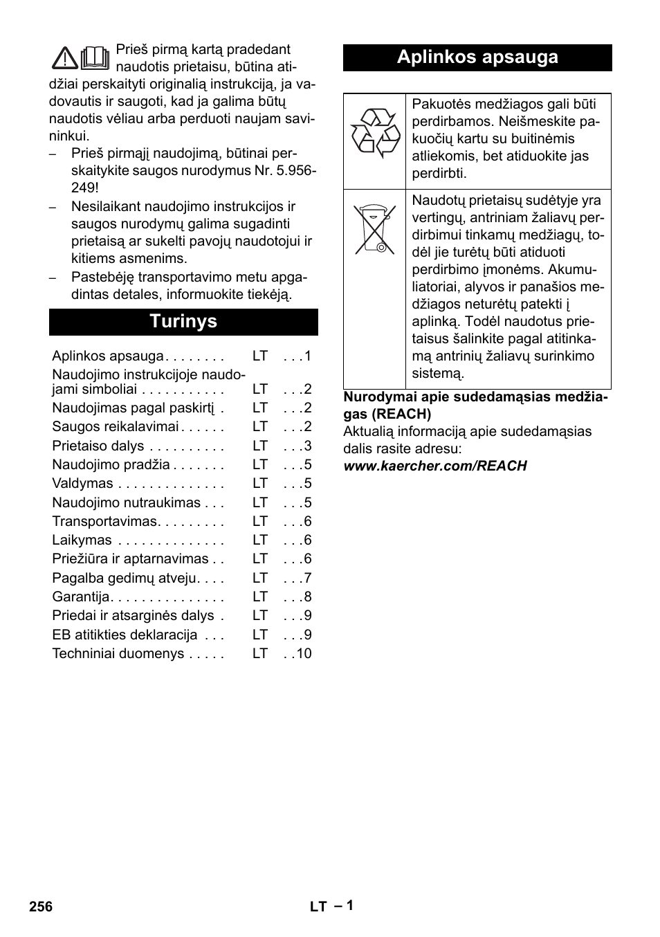 Lietuviškai, Turinys, Aplinkos apsauga | Karcher IV 100-55 User Manual | Page 256 / 280