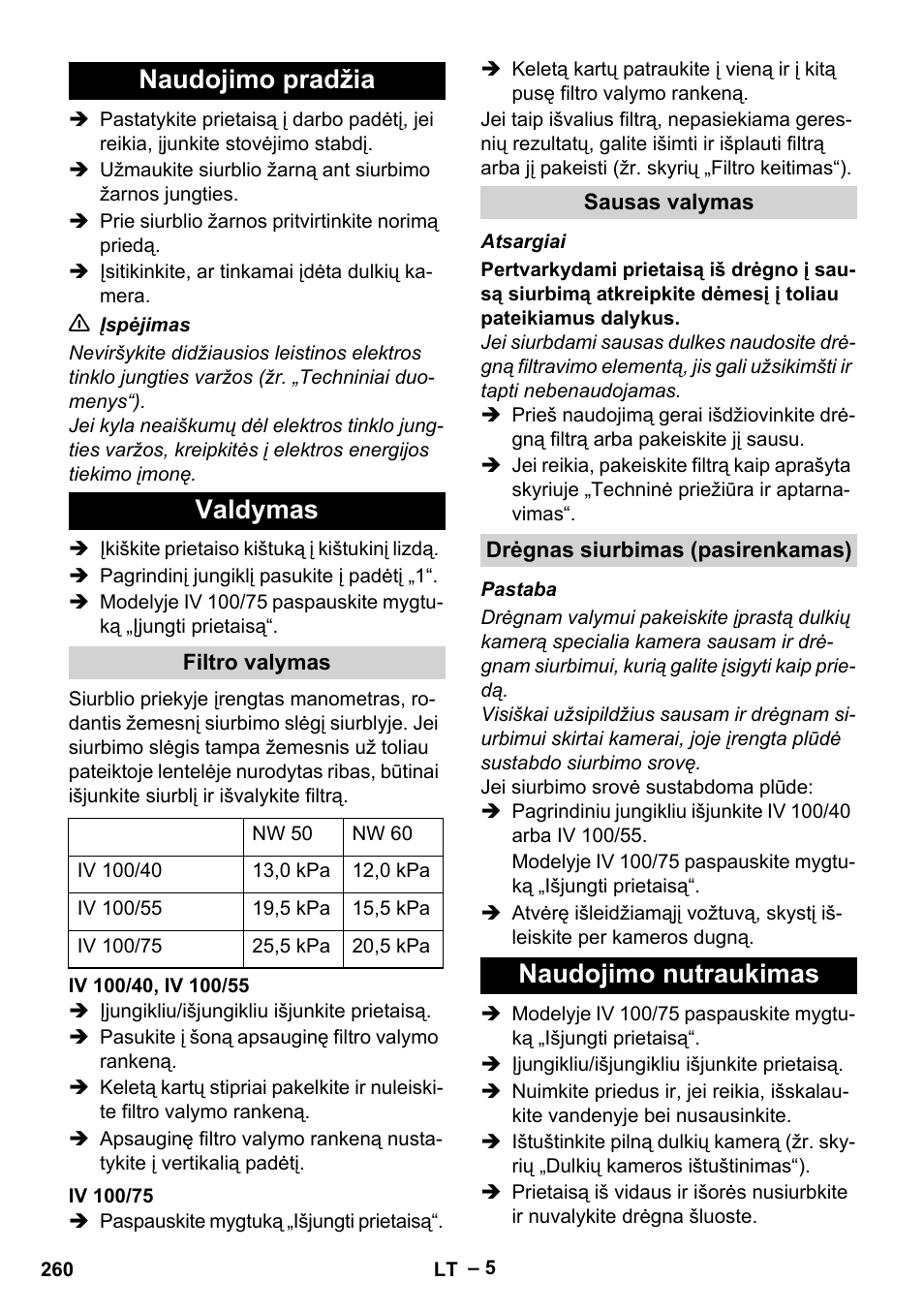 Naudojimo pradžia, Valdymas, Filtro valymas | Iv 100/40, iv 100/55, Iv 100/75, Sausas valymas, Drėgnas siurbimas (pasirenkamas), Naudojimo nutraukimas, Naudojimo pradžia valdymas | Karcher IV 100-55 User Manual | Page 260 / 280