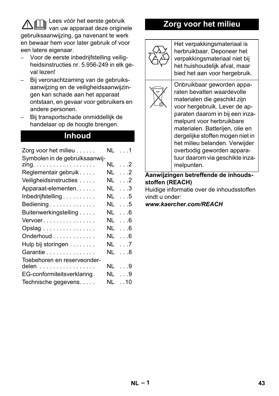 Nederlands, Inhoud, Zorg voor het milieu | Karcher IV 100-55 User Manual | Page 43 / 280