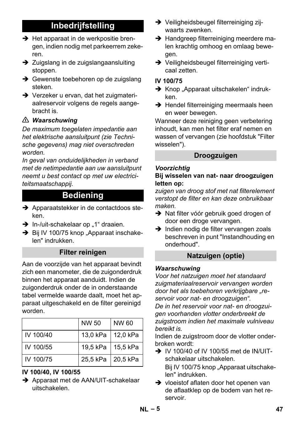 Inbedrijfstelling, Bediening, Filter reinigen | Iv 100/40, iv 100/55, Iv 100/75, Droogzuigen, Natzuigen (optie), Inbedrijfstelling bediening | Karcher IV 100-55 User Manual | Page 47 / 280