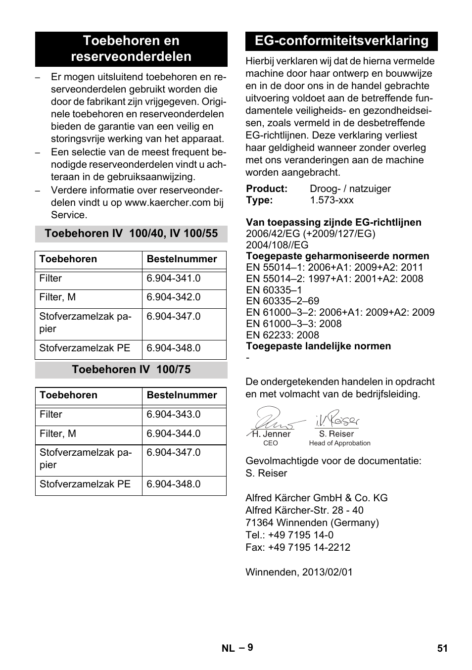 Toebehoren en reserveonderdelen, Toebehoren iv 100/40, iv 100/55, Toebehoren iv 100/75 | Eg-conformiteitsverklaring | Karcher IV 100-55 User Manual | Page 51 / 280