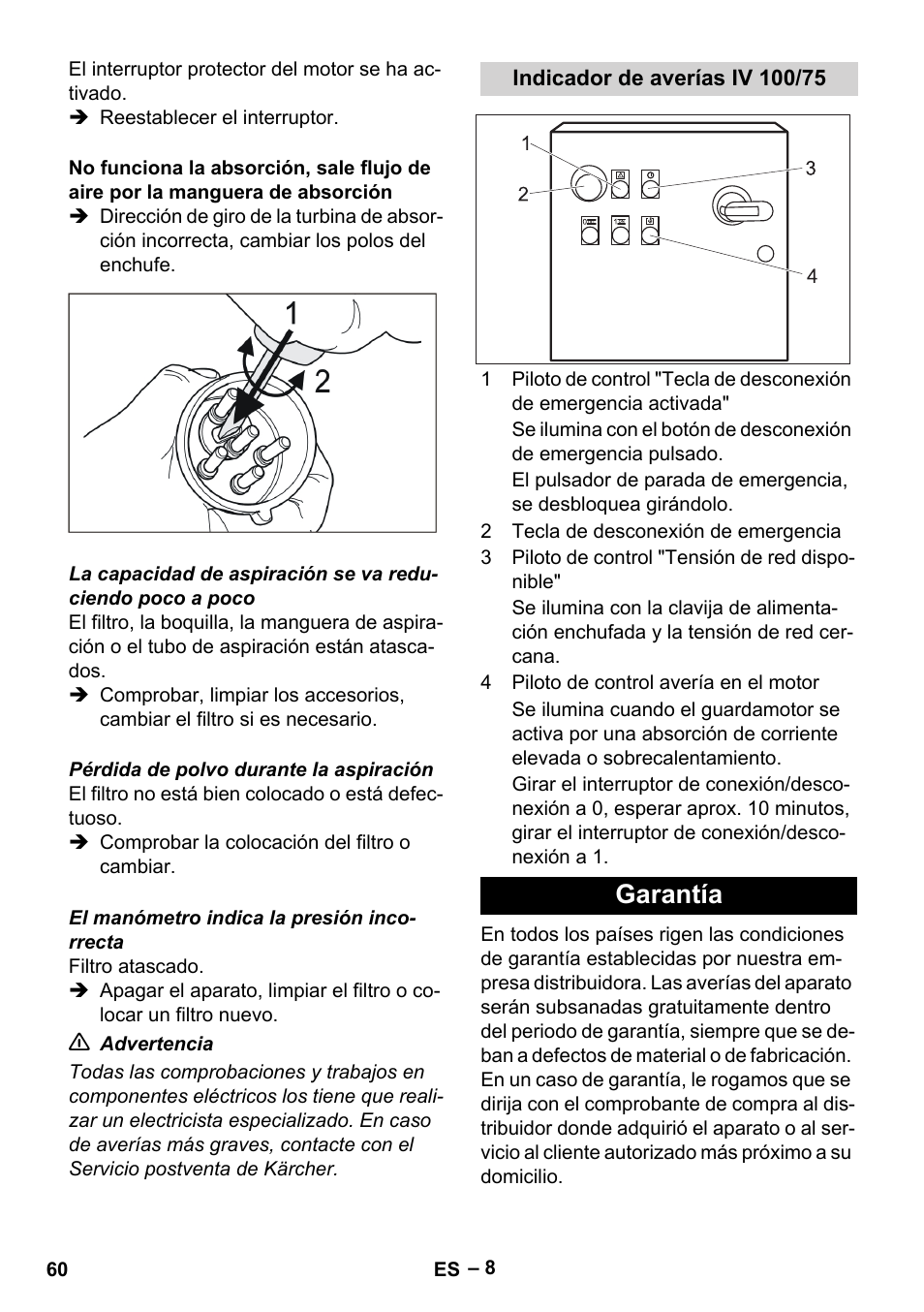 Indicador de averías iv 100/75, Garantía | Karcher IV 100-55 User Manual | Page 60 / 280