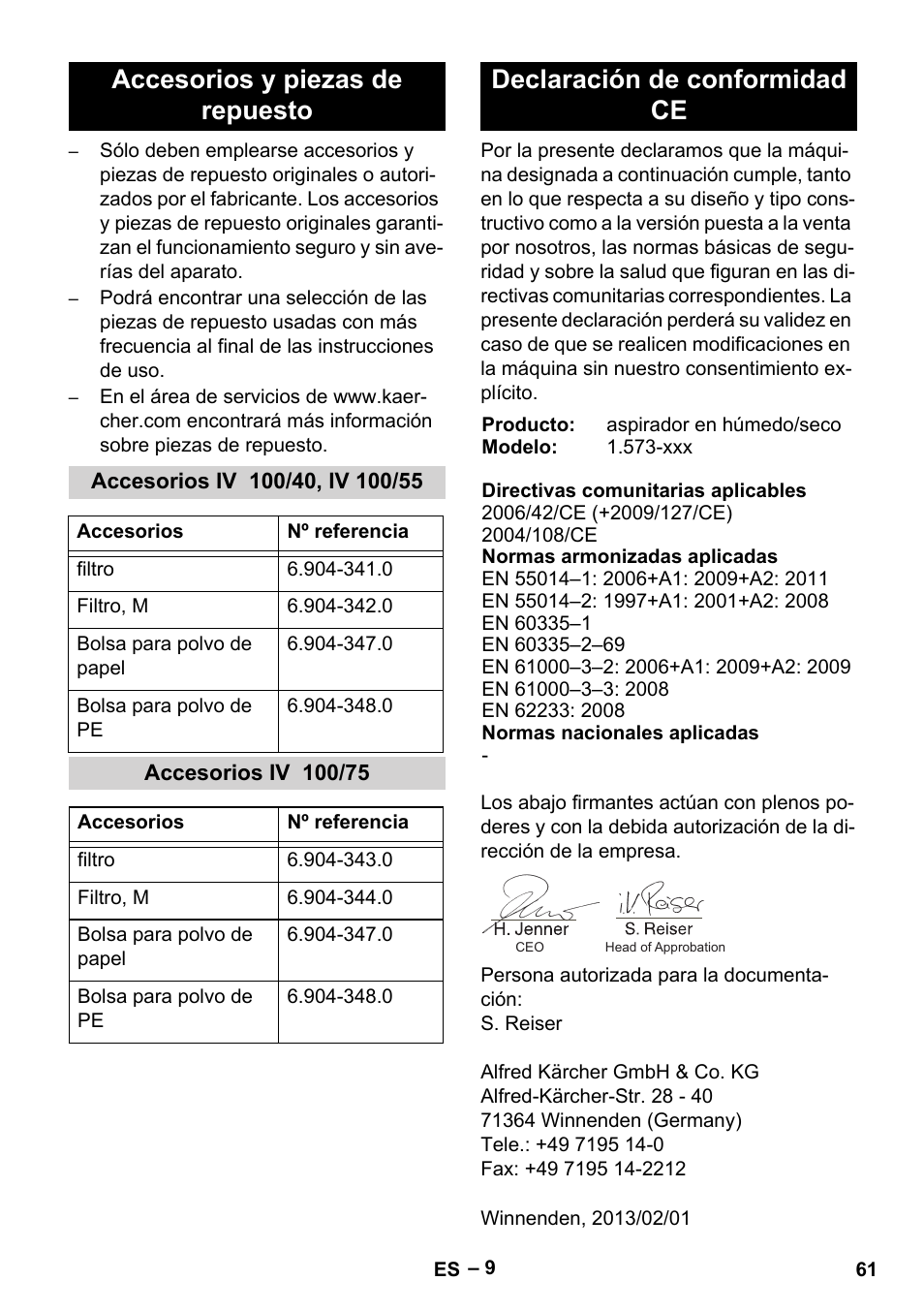 Accesorios y piezas de repuesto, Accesorios iv 100/40, iv 100/55, Accesorios iv 100/75 | Declaración de conformidad ce | Karcher IV 100-55 User Manual | Page 61 / 280