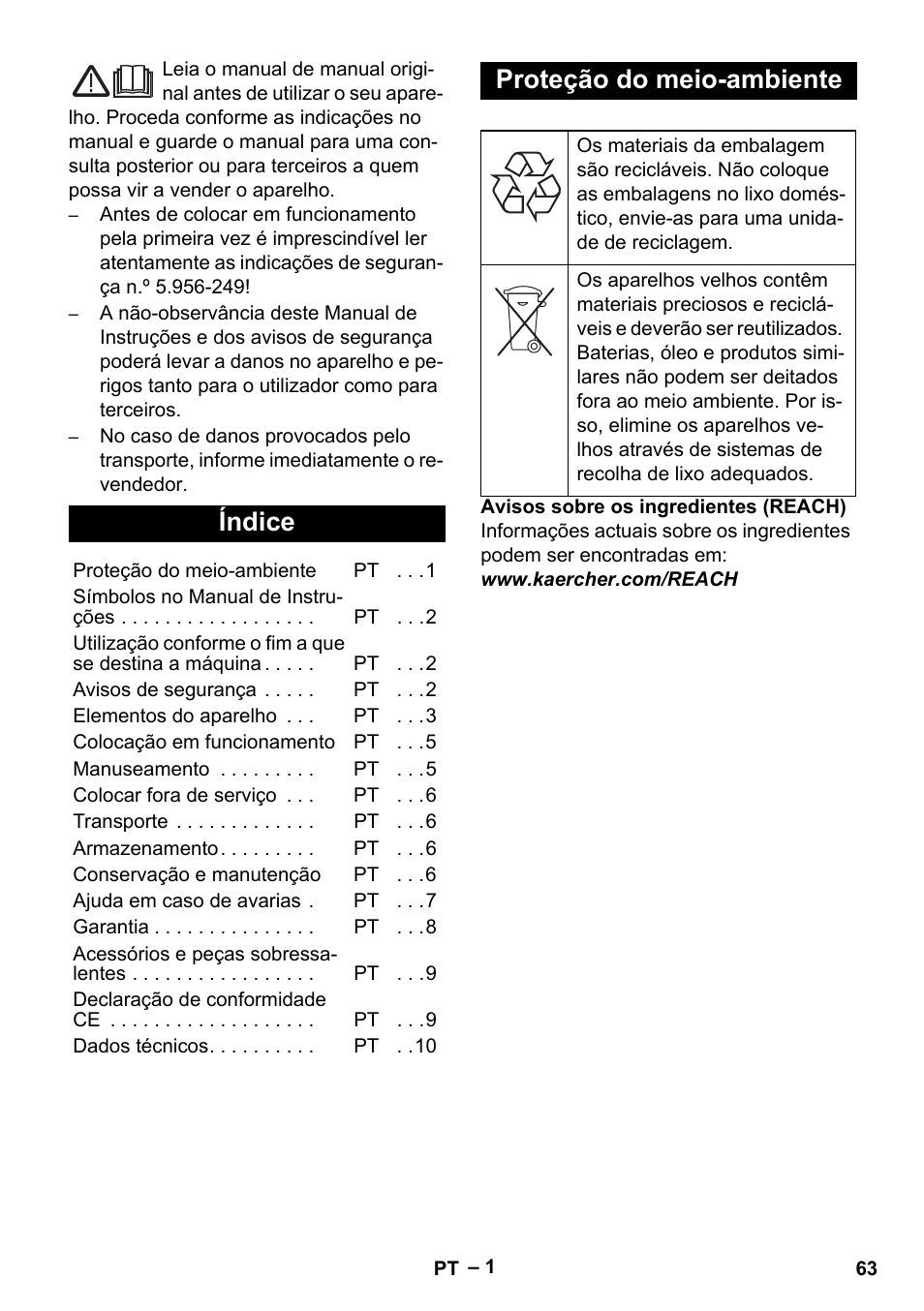 Português, Índice, Proteção do meio-ambiente | Karcher IV 100-55 User Manual | Page 63 / 280