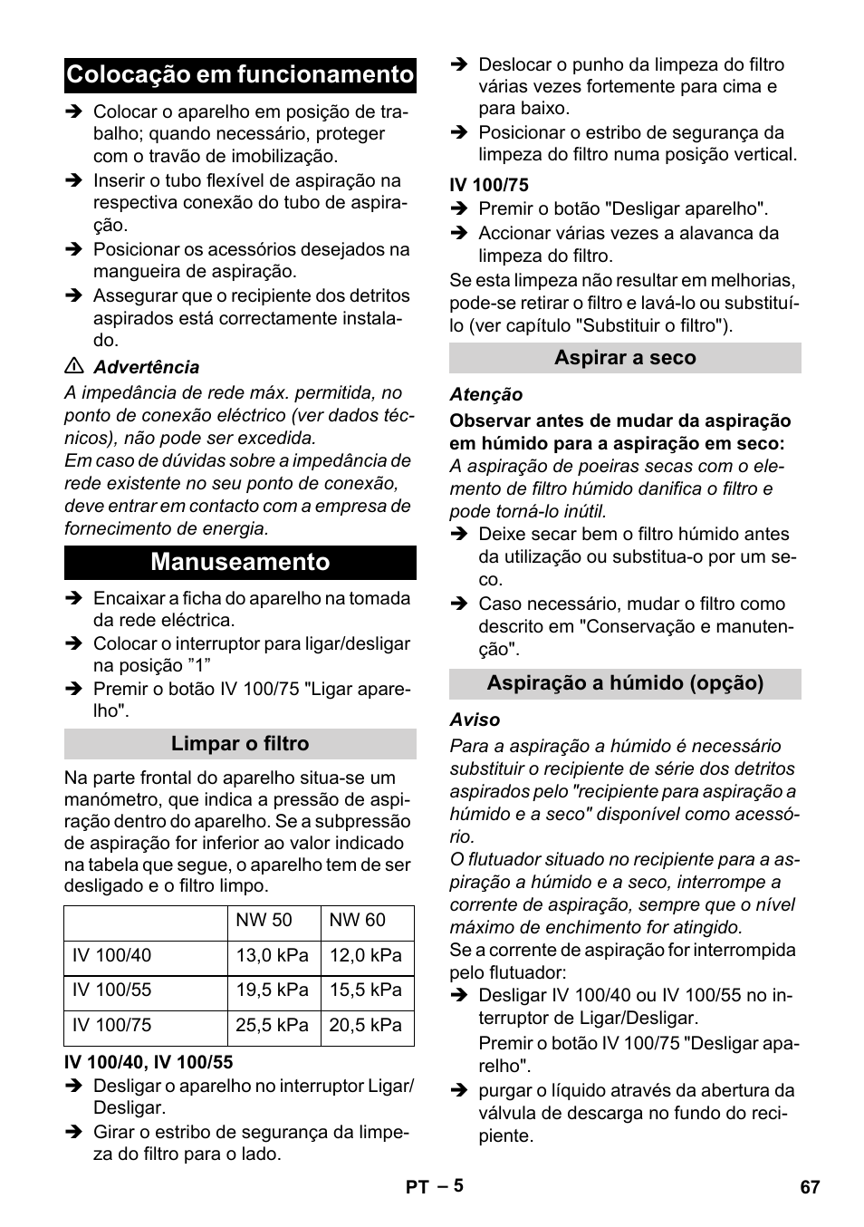 Colocação em funcionamento, Manuseamento, Limpar o filtro | Iv 100/40, iv 100/55, Iv 100/75, Aspirar a seco, Aspiração a húmido (opção), Colocação em funcionamento manuseamento | Karcher IV 100-55 User Manual | Page 67 / 280