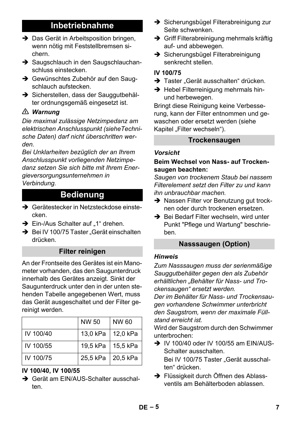 Inbetriebnahme, Bedienung, Filter reinigen | Iv 100/40, iv 100/55, Iv 100/75, Trockensaugen, Nasssaugen (option), Inbetriebnahme bedienung | Karcher IV 100-55 User Manual | Page 7 / 280