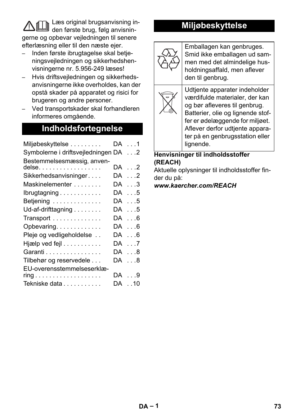 Dansk, Indholdsfortegnelse, Miljøbeskyttelse | Karcher IV 100-55 User Manual | Page 73 / 280