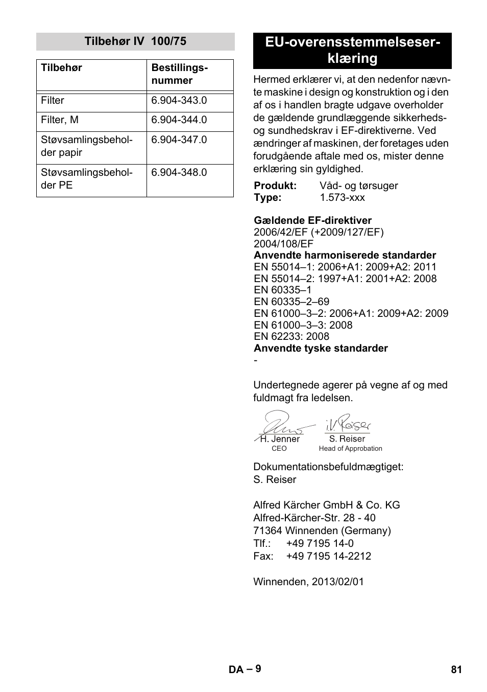 Tilbehør iv 100/75, Eu-overensstemmelseserklæring, Eu-overensstemmelseser- klæring | Karcher IV 100-55 User Manual | Page 81 / 280