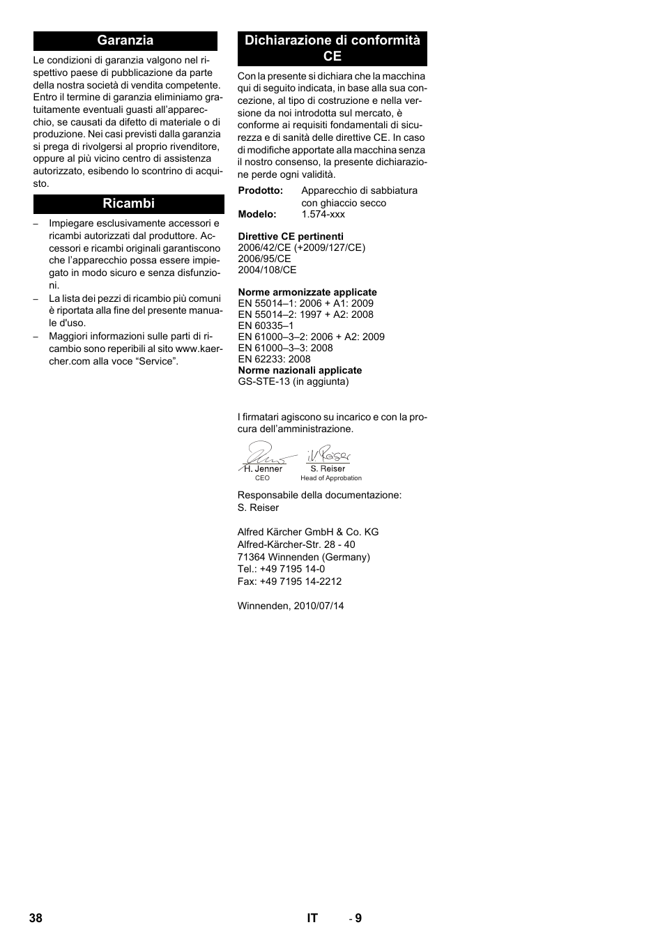 Garanzia ricambi dichiarazione di conformità ce | Karcher IB 15-80 User Manual | Page 38 / 88