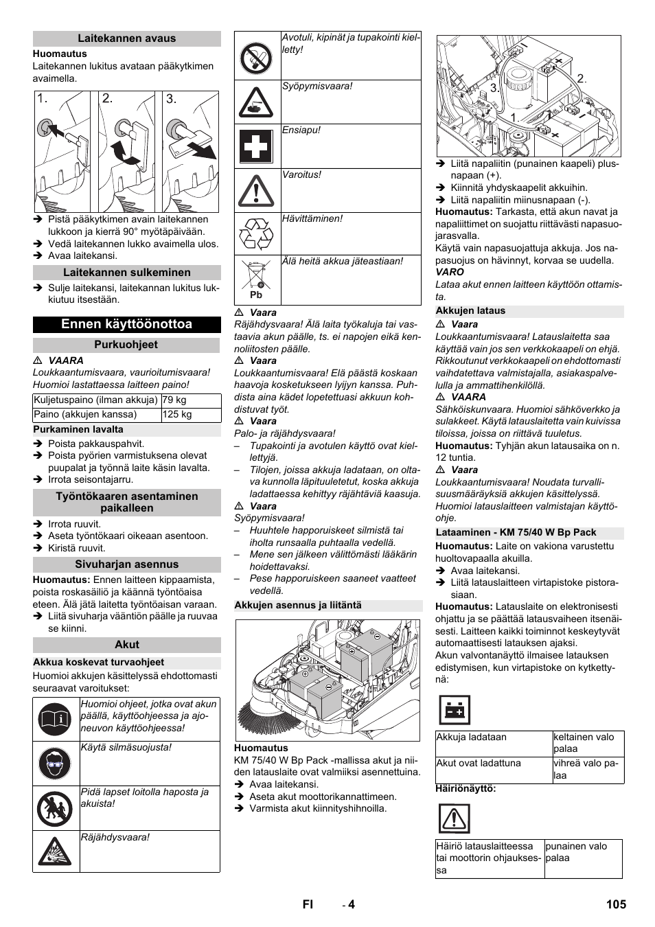 Laitekannen avaus, Laitekannen sulkeminen, Ennen käyttöönottoa | Purkuohjeet, Purkaminen lavalta, Työntökaaren asentaminen paikalleen, Sivuharjan asennus, Akut, Akkua koskevat turvaohjeet, Akkujen asennus ja liitäntä | Karcher KM 75-40 W Bp Pack User Manual | Page 105 / 276