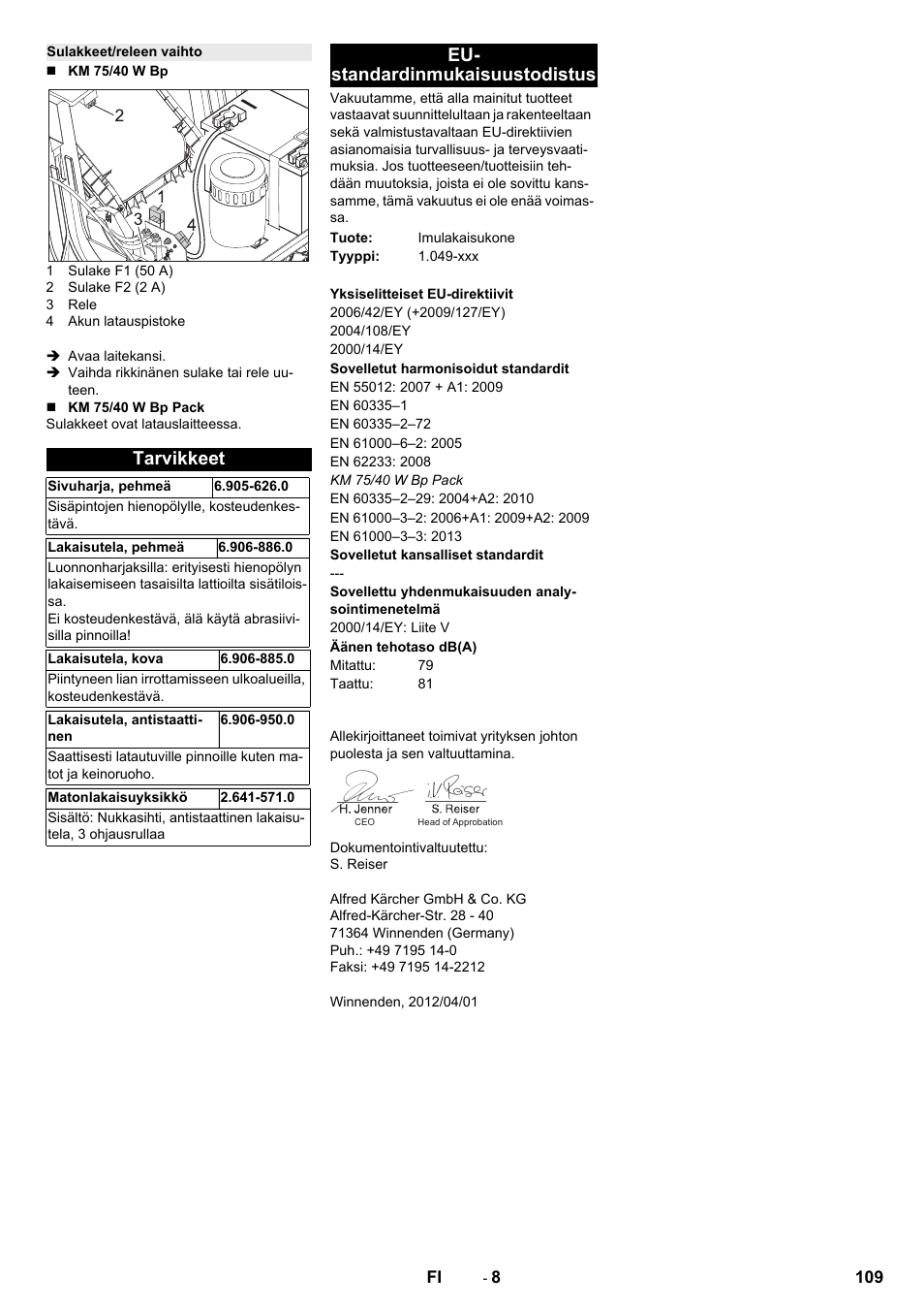 Sulakkeet/releen vaihto, Tarvikkeet, Eu- standardinmukaisuustodistus | Karcher KM 75-40 W Bp Pack User Manual | Page 109 / 276