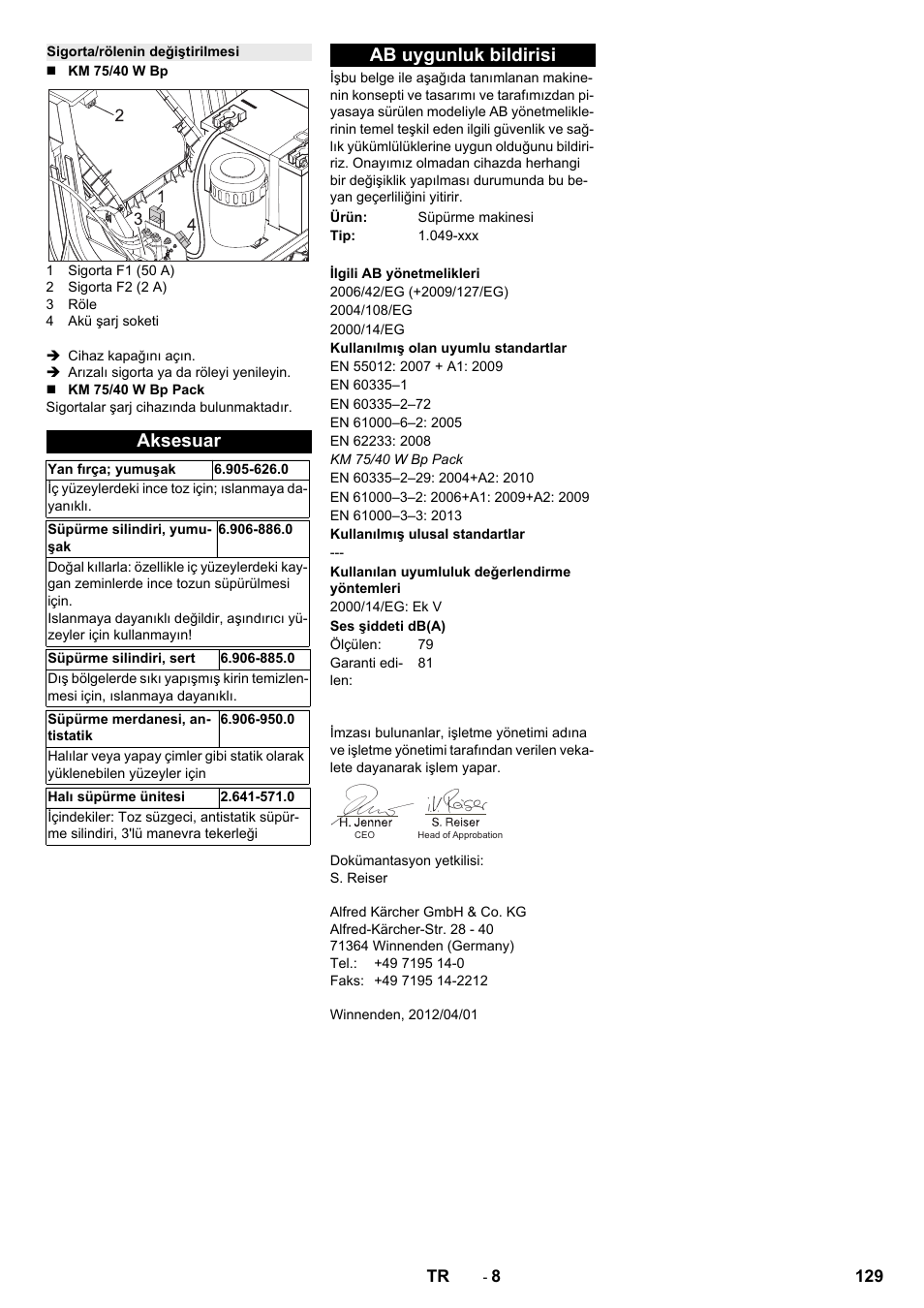 Sigorta/rölenin değiştirilmesi, Aksesuar, Ab uygunluk bildirisi | Karcher KM 75-40 W Bp Pack User Manual | Page 129 / 276