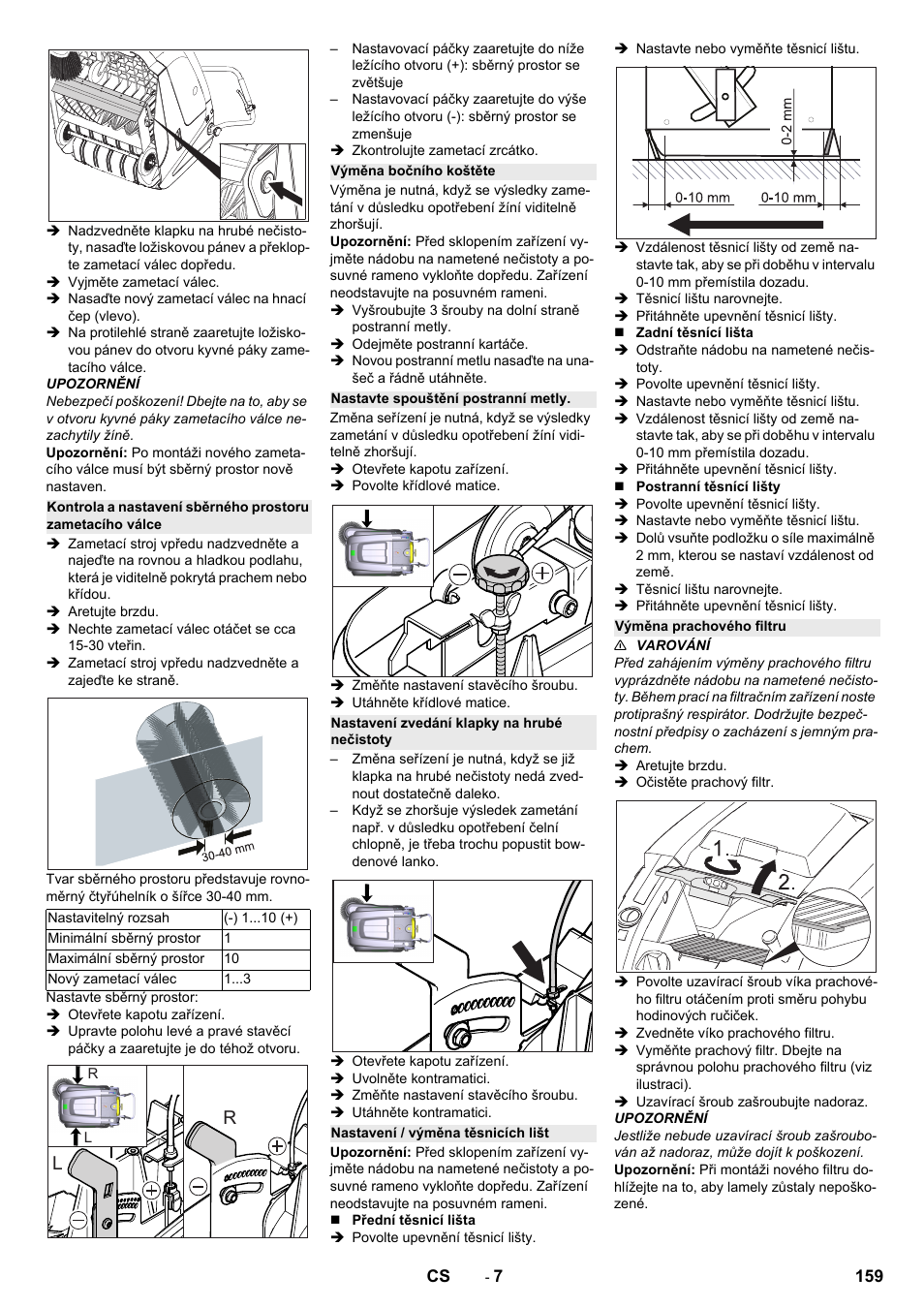 Výměna bočního koštěte, Nastavte spouštění postranní metly, Nastavení zvedání klapky na hrubé nečistoty | Nastavení / výměna těsnicích lišt, Výměna prachového filtru | Karcher KM 75-40 W Bp Pack User Manual | Page 159 / 276