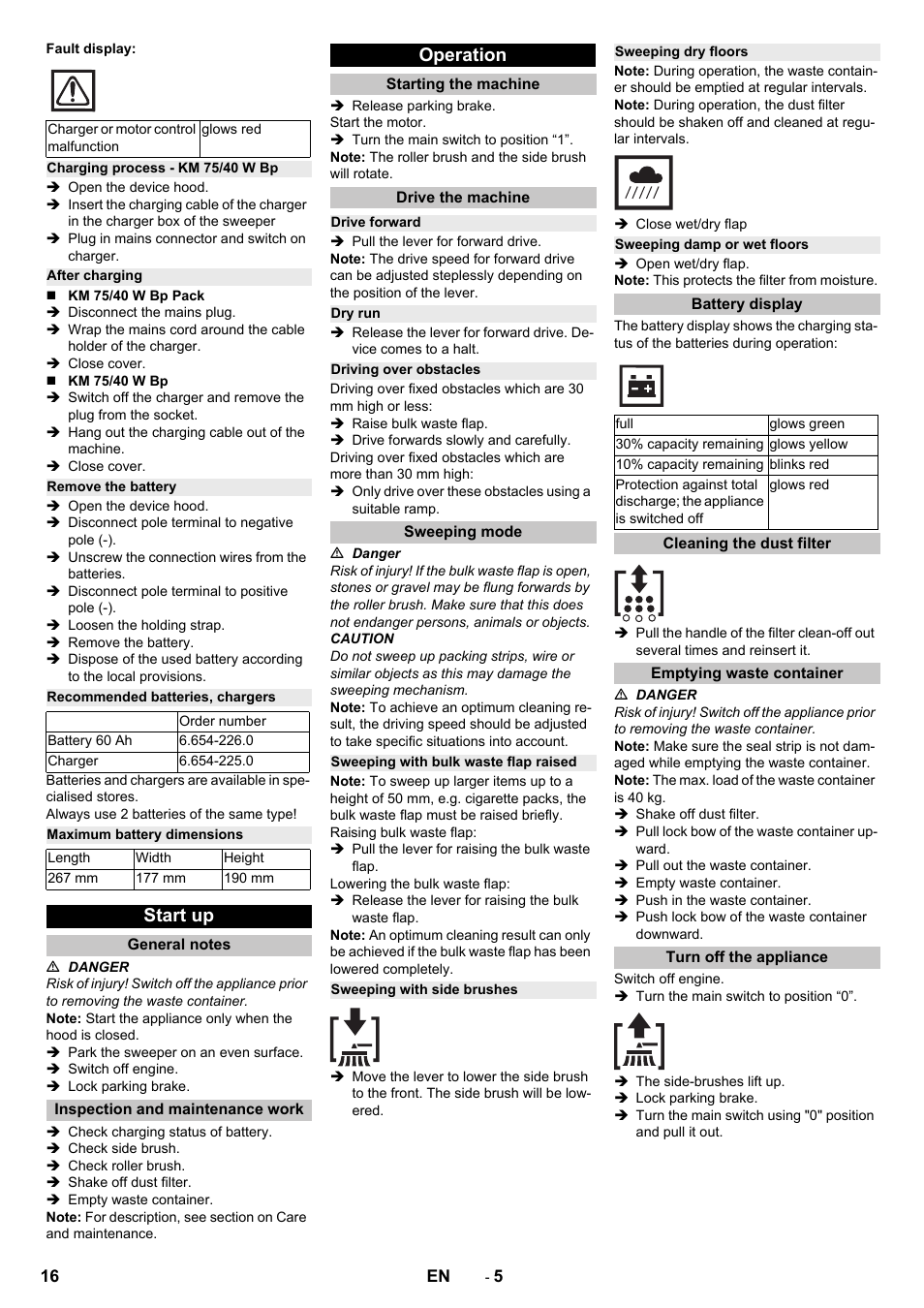 Charging process - km 75/40 w bp, After charging, Remove the battery | Recommended batteries, chargers, Maximum battery dimensions, Start up, General notes, Inspection and maintenance work, Operation, Starting the machine | Karcher KM 75-40 W Bp Pack User Manual | Page 16 / 276