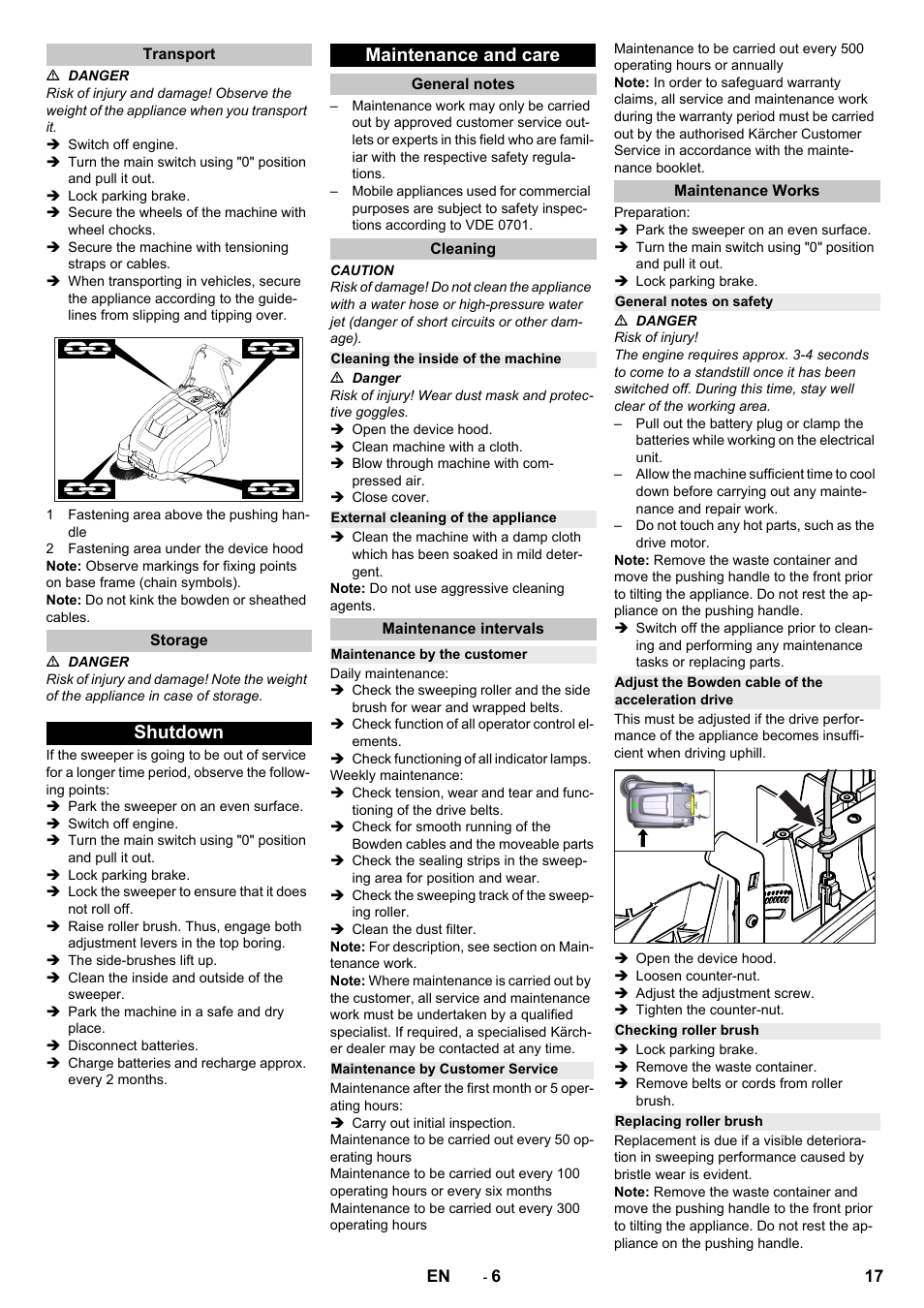 Transport, Storage, Shutdown | Maintenance and care, General notes, Cleaning, Cleaning the inside of the machine, External cleaning of the appliance, Maintenance intervals, Maintenance by the customer | Karcher KM 75-40 W Bp Pack User Manual | Page 17 / 276