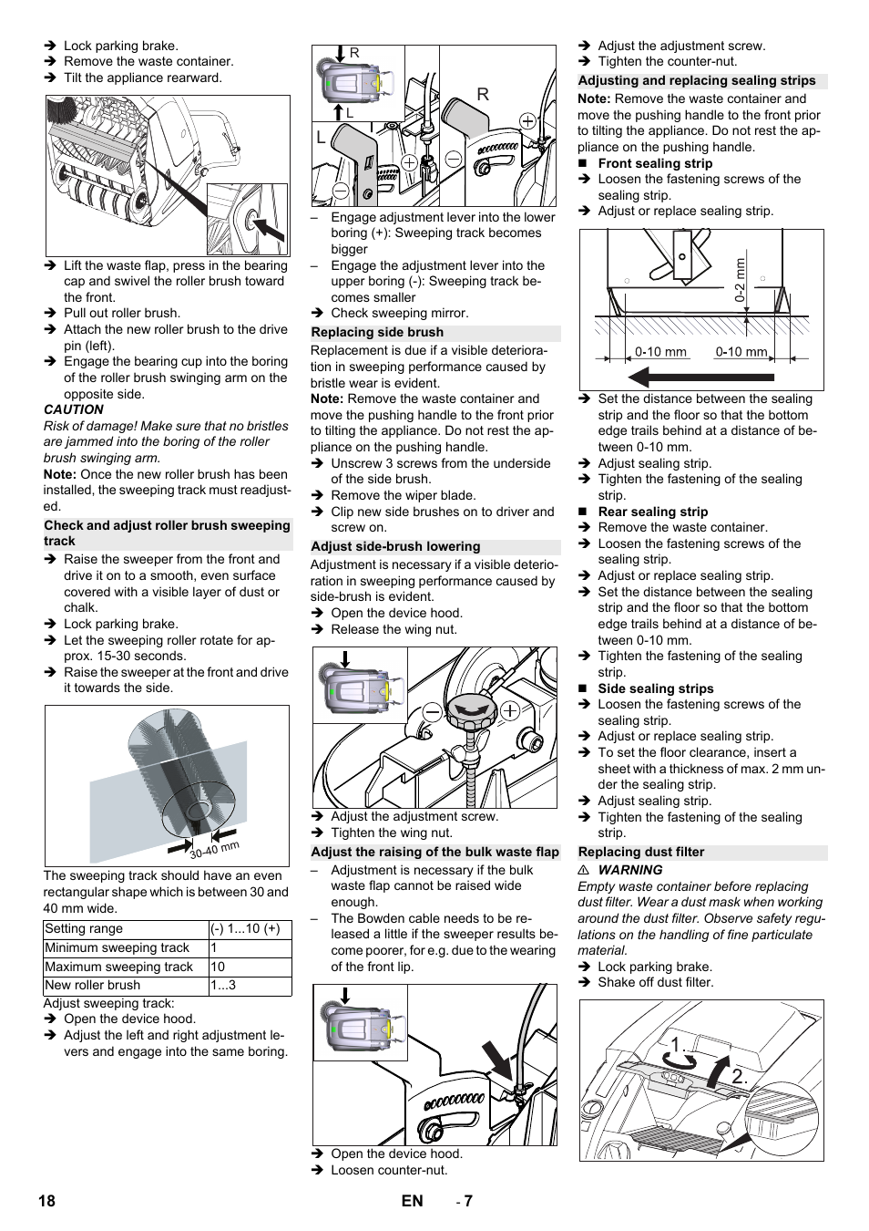 Check and adjust roller brush sweeping track, Replacing side brush, Adjust side-brush lowering | Adjust the raising of the bulk waste flap, Adjusting and replacing sealing strips, Replacing dust filter | Karcher KM 75-40 W Bp Pack User Manual | Page 18 / 276