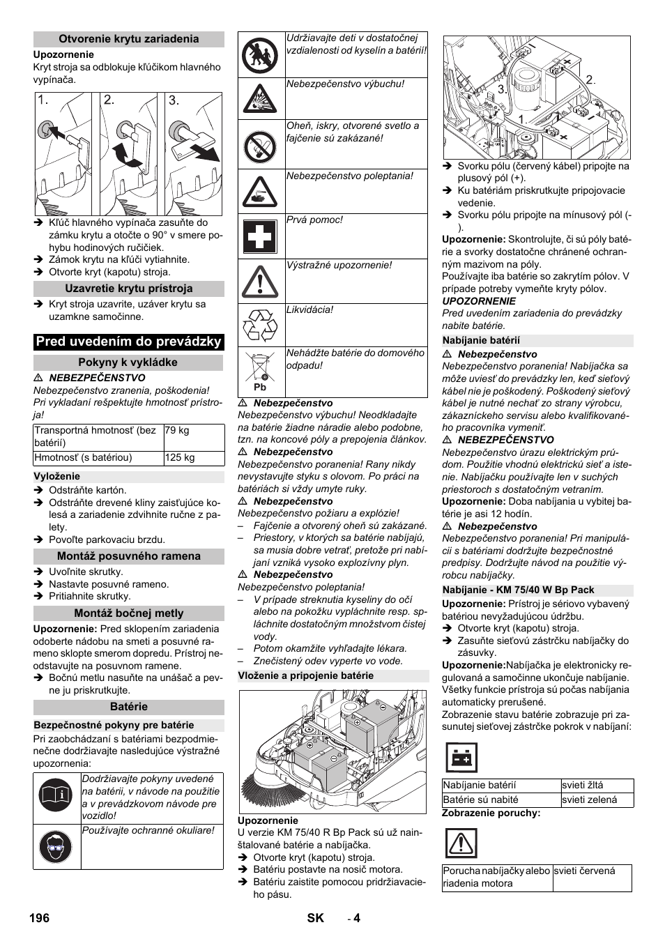 Otvorenie krytu zariadenia, Uzavretie krytu prístroja, Pred uvedením do prevádzky | Pokyny k vykládke, Vyloženie, Montáž posuvného ramena, Montáž bočnej metly, Batérie, Bezpečnostné pokyny pre batérie, Vloženie a pripojenie batérie | Karcher KM 75-40 W Bp Pack User Manual | Page 196 / 276