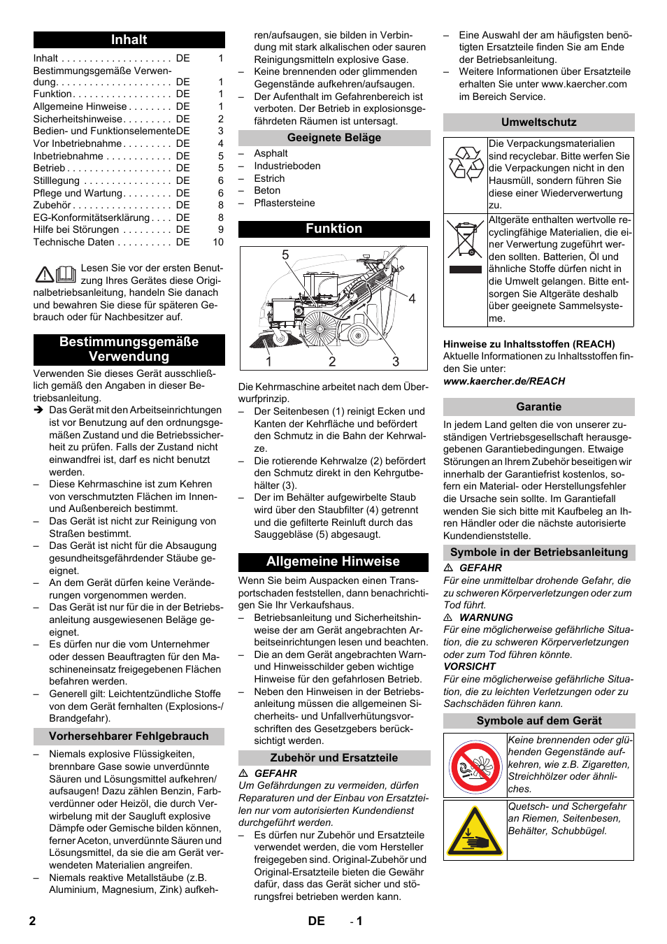 Deutsch, Inhalt, Bestimmungsgemäße verwendung | Vorhersehbarer fehlgebrauch, Geeignete beläge, Funktion, Allgemeine hinweise, Zubehör und ersatzteile, Umweltschutz, Garantie | Karcher KM 75-40 W Bp Pack User Manual | Page 2 / 276