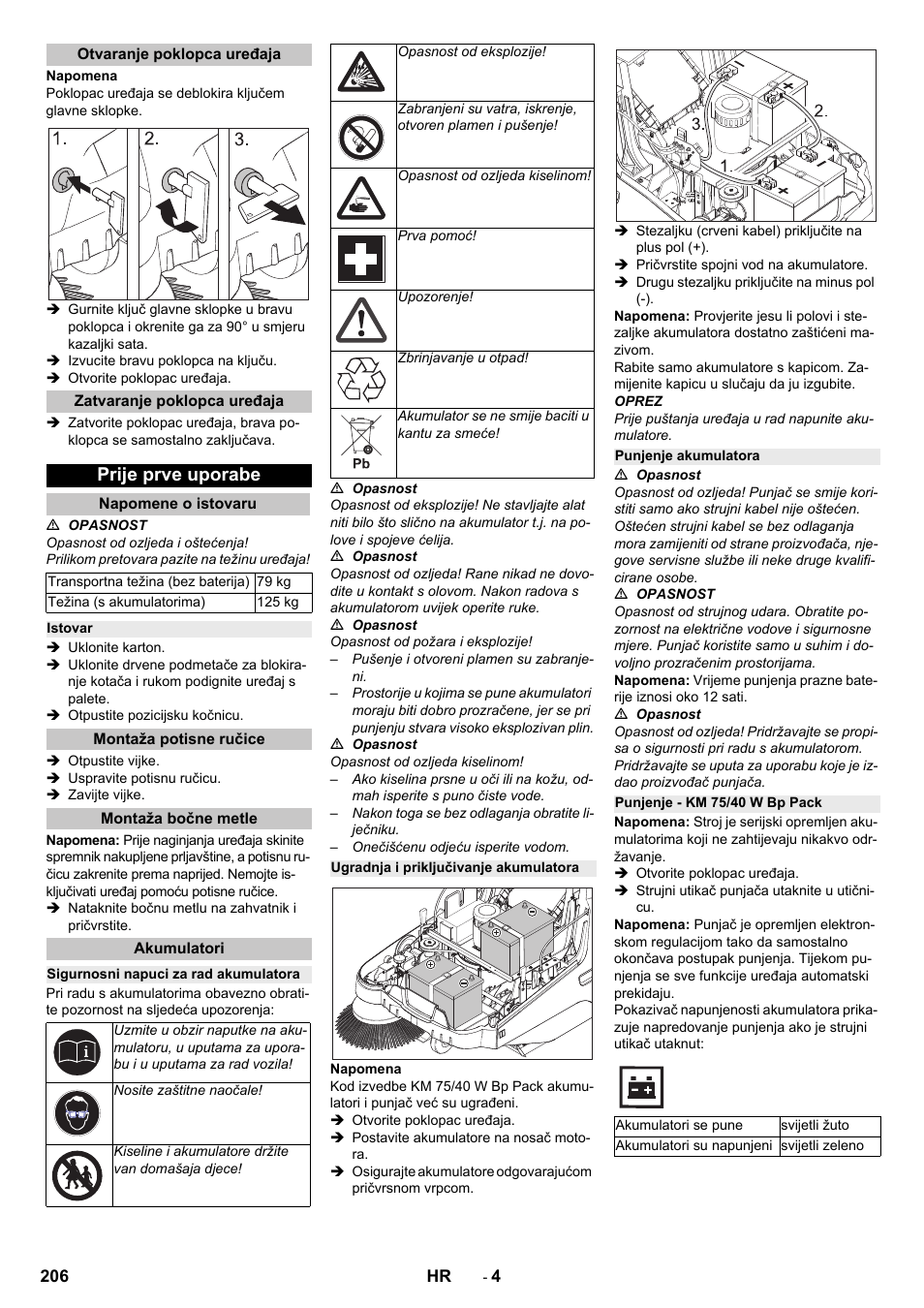Otvaranje poklopca uređaja, Zatvaranje poklopca uređaja, Prije prve uporabe | Napomene o istovaru, Istovar, Montaža potisne ručice, Montaža bočne metle, Akumulatori, Sigurnosni napuci za rad akumulatora, Ugradnja i priključivanje akumulatora | Karcher KM 75-40 W Bp Pack User Manual | Page 206 / 276