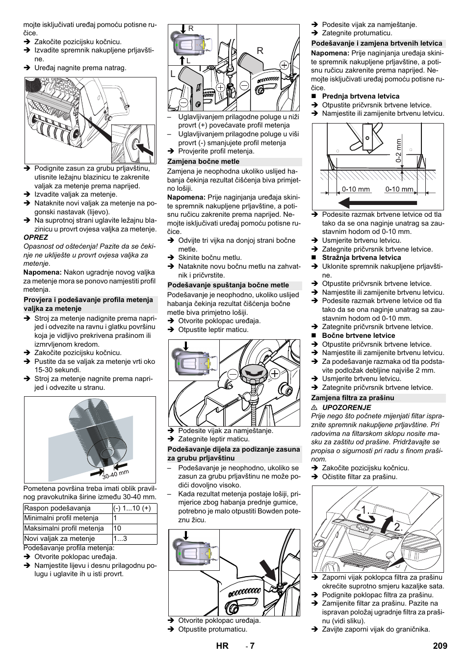 Zamjena bočne metle, Podešavanje spuštanja bočne metle, Podešavanje i zamjena brtvenih letvica | Zamjena filtra za prašinu | Karcher KM 75-40 W Bp Pack User Manual | Page 209 / 276