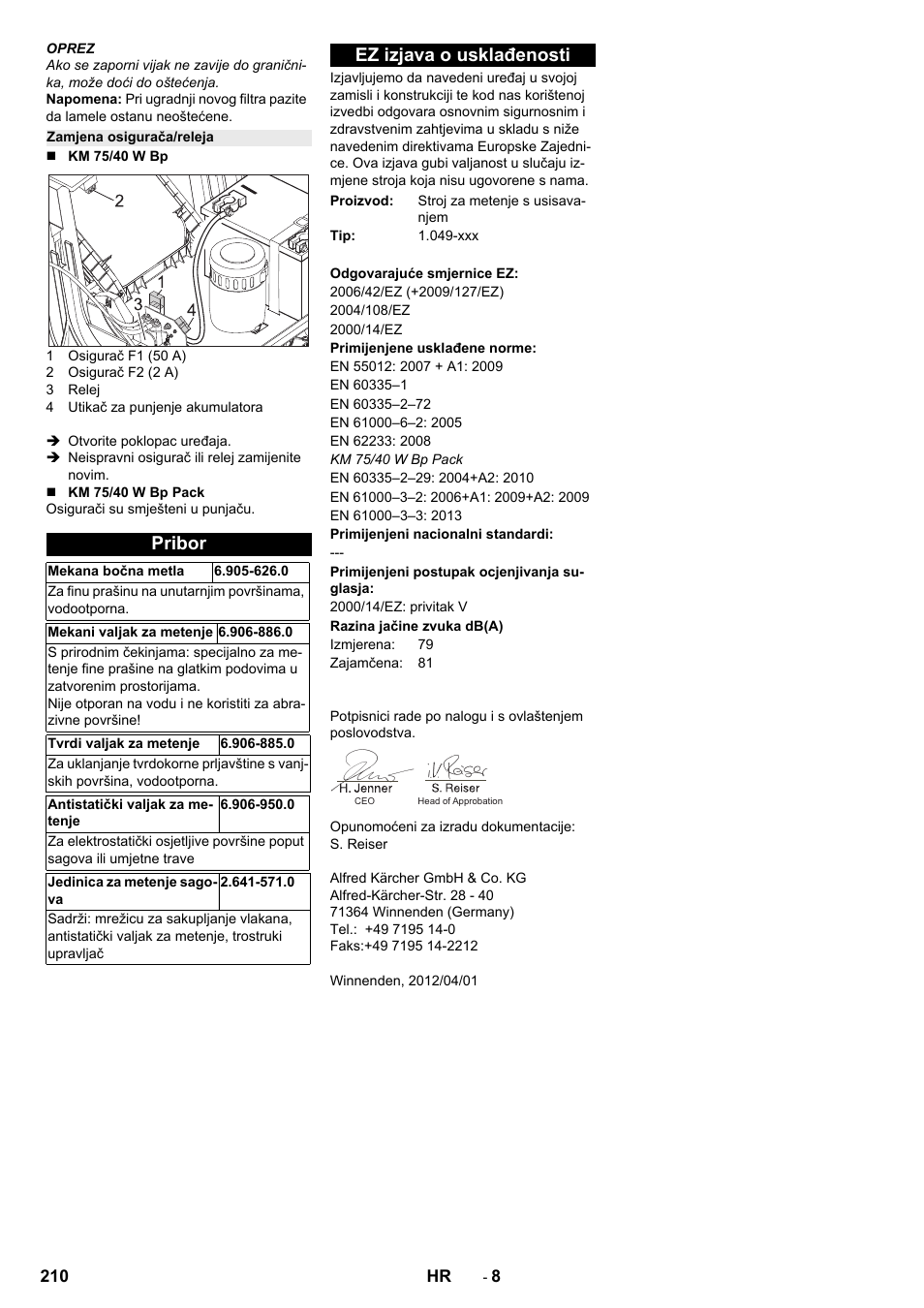 Zamjena osigurača/releja, Pribor, Ez izjava o usklađenosti | Karcher KM 75-40 W Bp Pack User Manual | Page 210 / 276