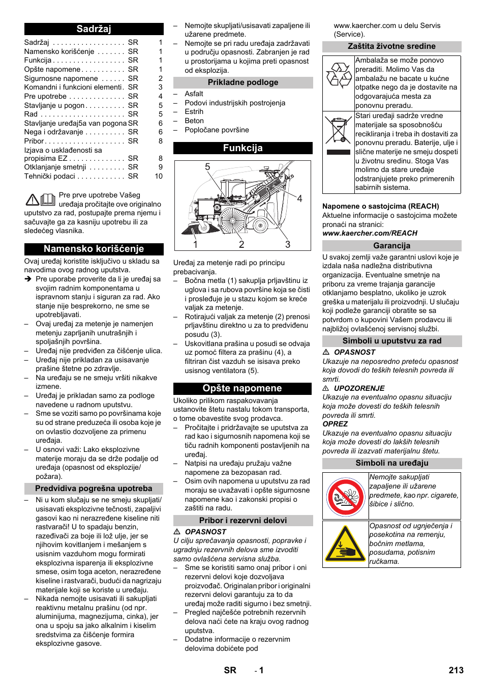 Srpski, Sadržaj, Namensko korišćenje | Predvidiva pogrešna upotreba, Prikladne podloge, Funkcija, Opšte napomene, Pribor i rezervni delovi, Zaštita životne sredine, Garancija | Karcher KM 75-40 W Bp Pack User Manual | Page 213 / 276