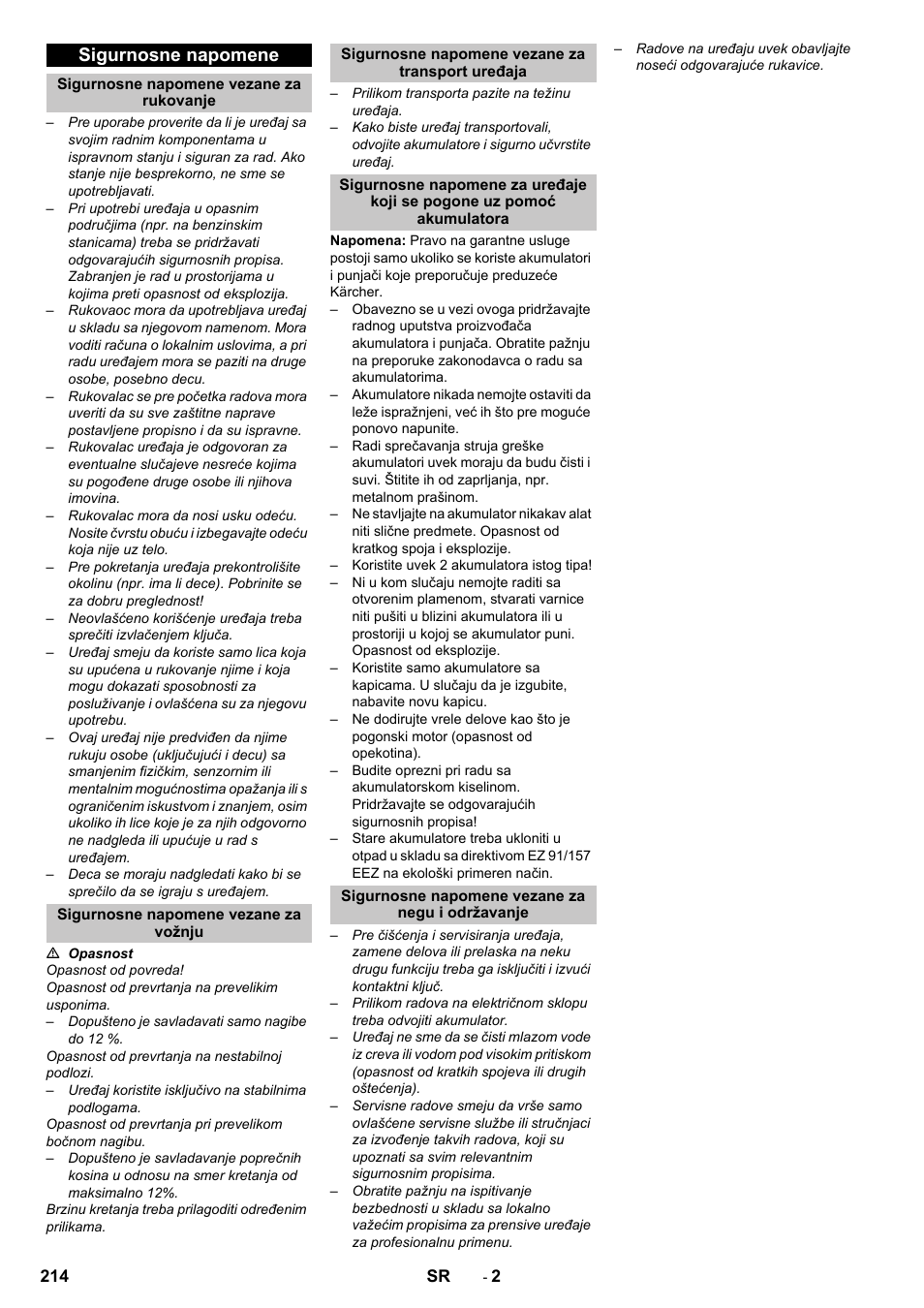 Sigurnosne napomene, Sigurnosne napomene vezane za rukovanje, Sigurnosne napomene vezane za vožnju | Sigurnosne napomene vezane za transport uređaja, Sigurnosne napomene vezane za negu i održavanje | Karcher KM 75-40 W Bp Pack User Manual | Page 214 / 276