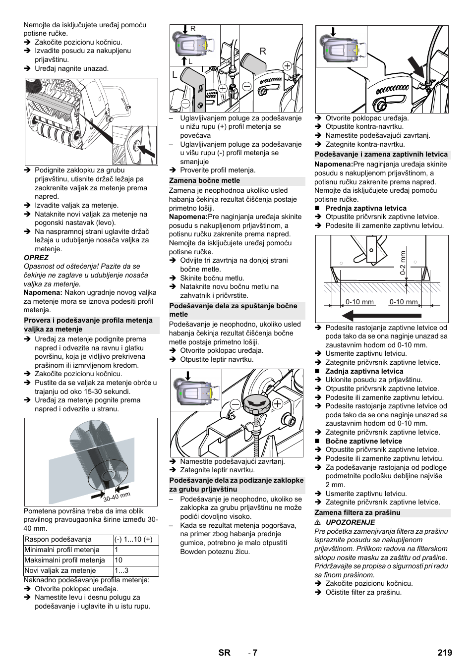 Zamena bočne metle, Podešavanje dela za spuštanje bočne metle, Podešavanje i zamena zaptivnih letvica | Zamena filtera za prašinu | Karcher KM 75-40 W Bp Pack User Manual | Page 219 / 276