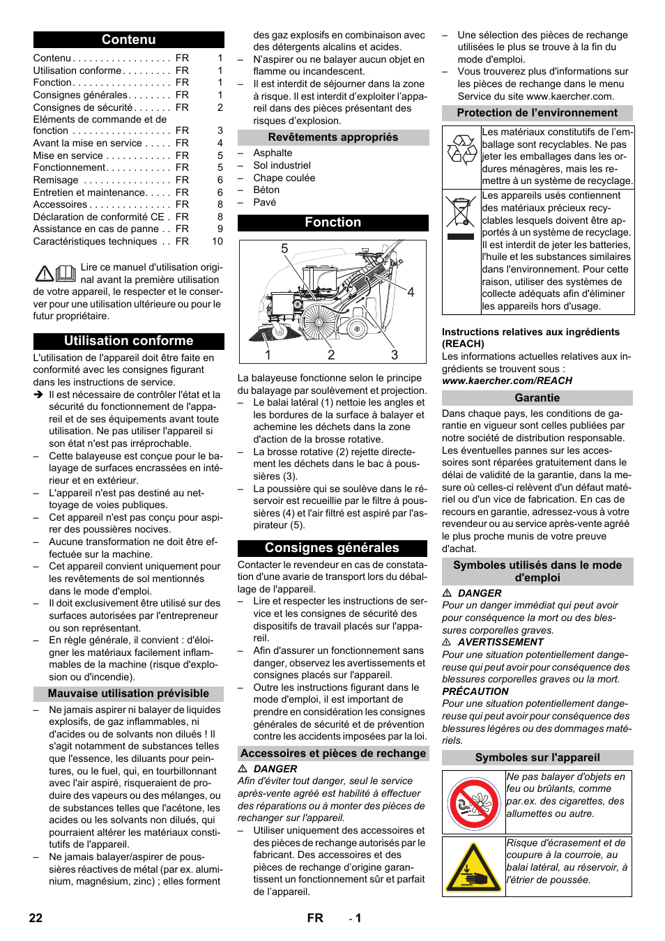Français, Contenu, Utilisation conforme | Mauvaise utilisation prévisible, Revêtements appropriés, Fonction, Consignes générales, Accessoires et pièces de rechange, Protection de l’environnement, Garantie | Karcher KM 75-40 W Bp Pack User Manual | Page 22 / 276