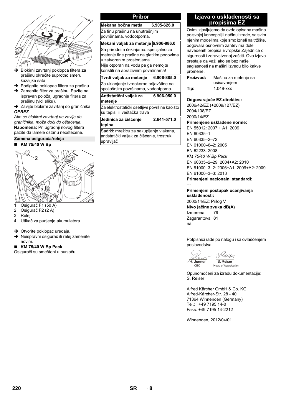 Zamena osigurača/releja, Pribor, Izjava o usklađenosti sa propisima ez | Karcher KM 75-40 W Bp Pack User Manual | Page 220 / 276