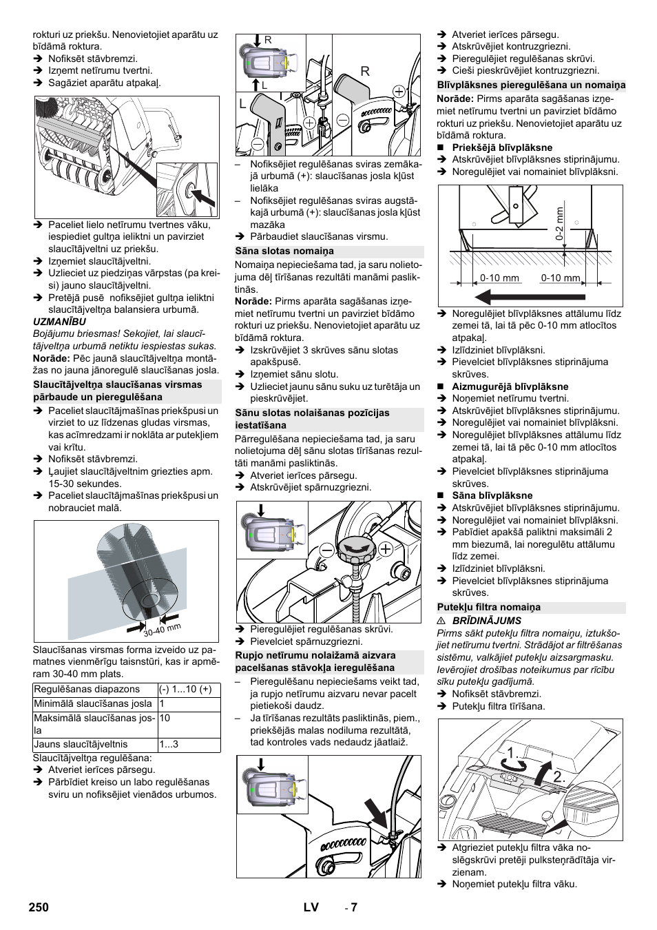 Sāna slotas nomaiņa, Sānu slotas nolaišanas pozīcijas iestatīšana, Blīvplāksnes pieregulēšana un nomaiņa | Putekļu filtra nomaiņa | Karcher KM 75-40 W Bp Pack User Manual | Page 250 / 276